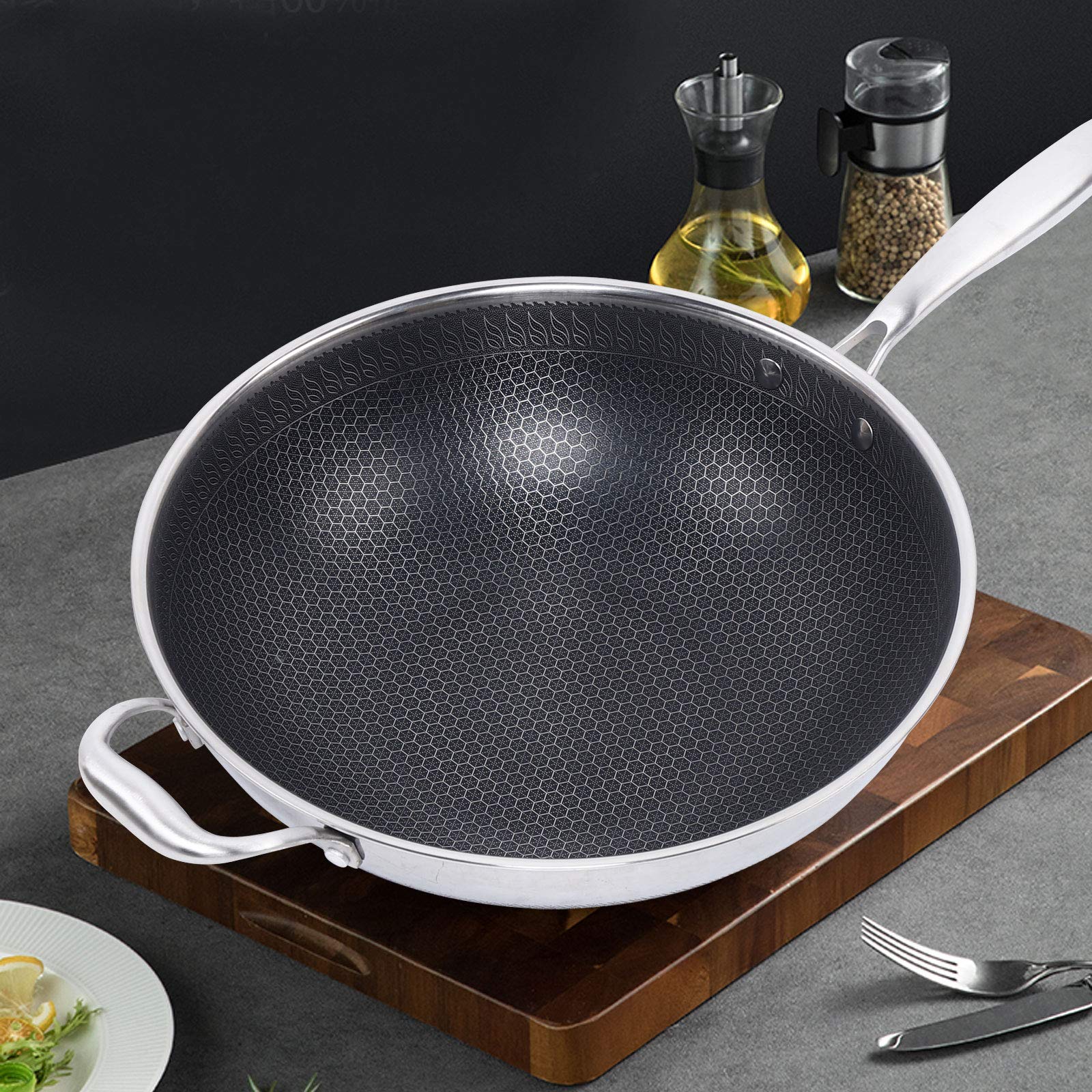 Double Sided Non-Stick Honeycomb Wok - Stainless Steel Frying Pan with Glass Lid - Compatible with Gas & Induction Stoves - Perfect for Stir-Fry, Deep Frying & Asian Cooking