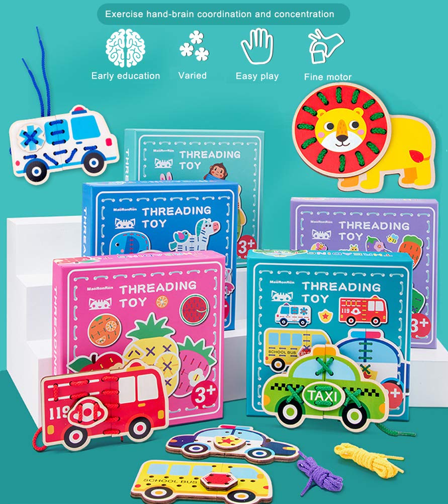 Promise Babe 5 Pack Wooden Lacing Cards - Montessori Threading Toys for Toddlers, Cars & Blocks Puzzle, Educational Preschool Learning Activity (Perfect for Fine Motor Skills Development & Early Childhood Education)