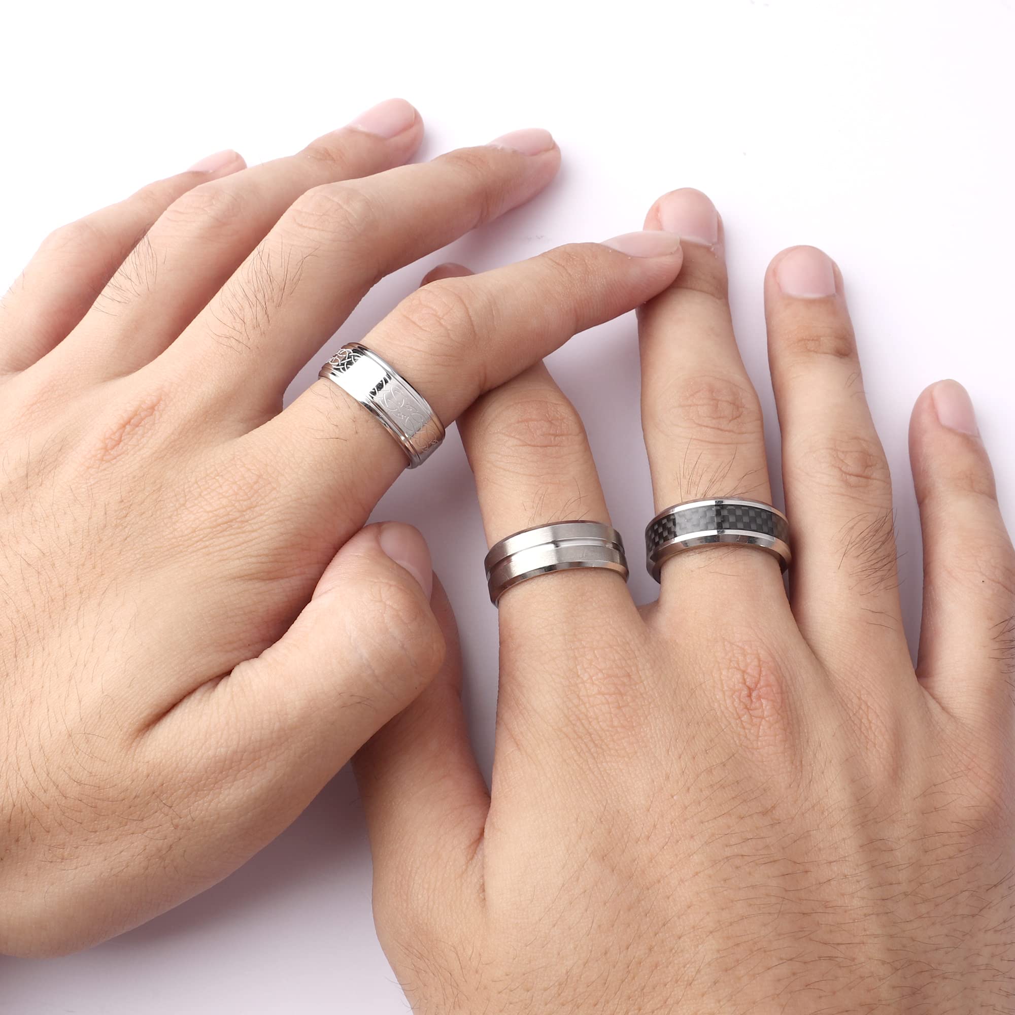 LOLIAS 9-Piece Stainless Steel Men's Rings Set - Silver & Black Matte Finish Polished Band Rings with Bottle Opener - Wedding, Engagement, Promise Rings - Vintage Fidget Spinner Rings for Men - Perfect for Gifts, Parties, and Everyday Wear