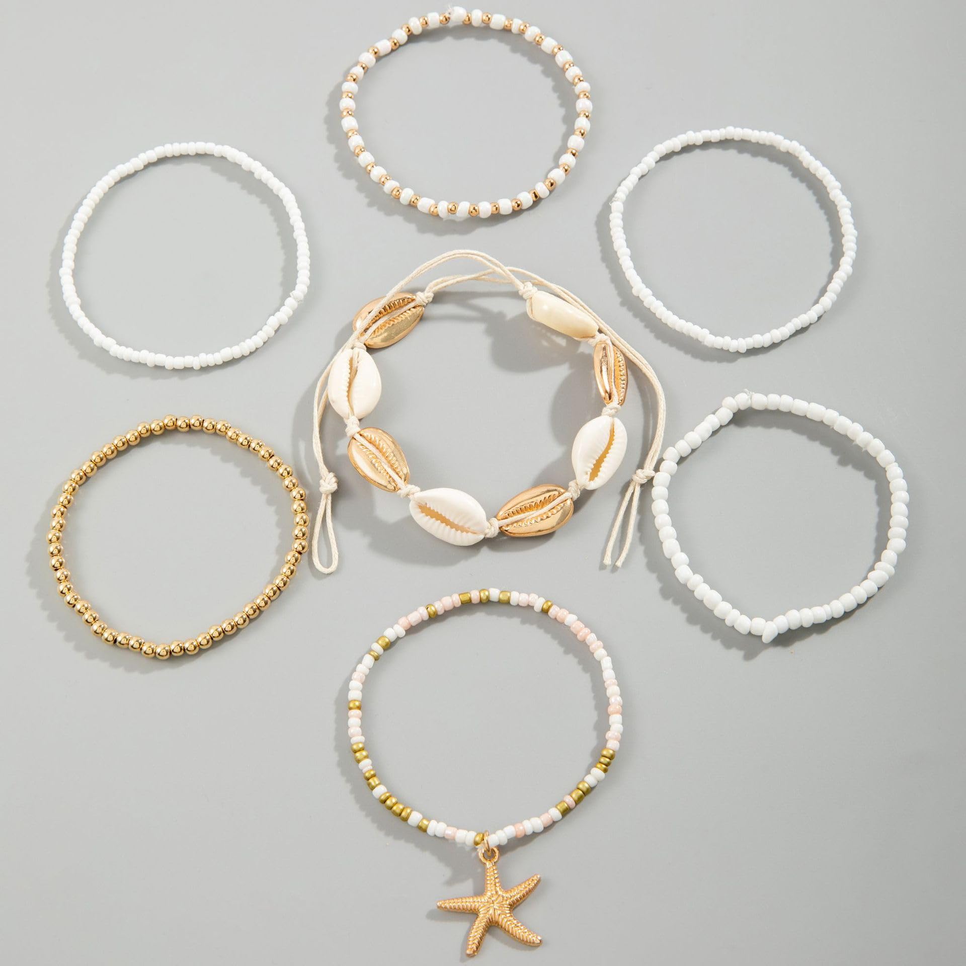 Bohemian Stackable Beach Bracelets for Women - Elastic Heishi Surfer Bracelet Set with Seashell & Starfish - Boho Friendship Jewelry for Summer, Beach Party, Holiday & Vacation - Perfect for Gifts, Travel & Casual Wear