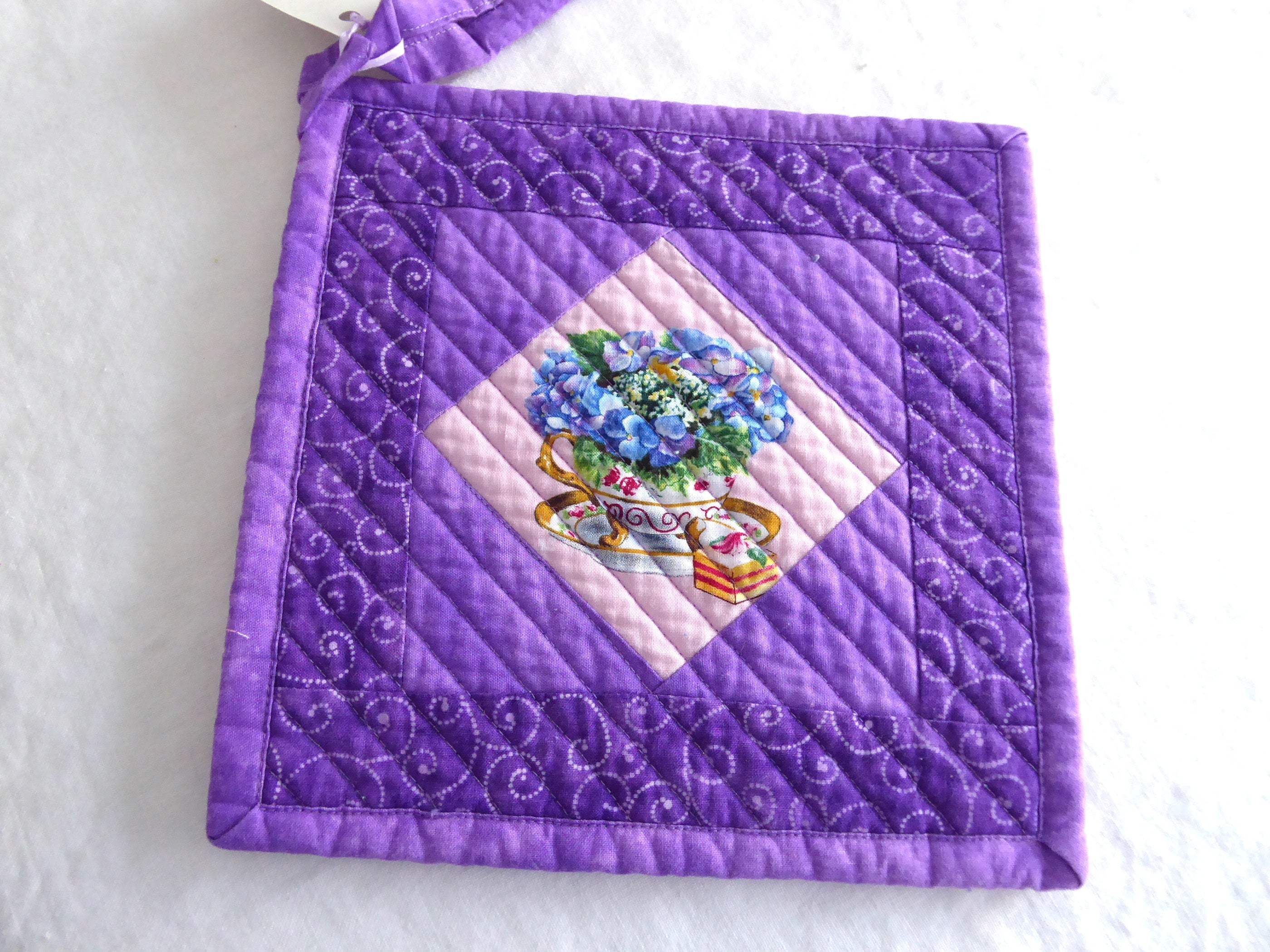 Handmade Purple Teacup Themed Potholders with Padded Flowers - Heat Resistant Kitchen Accessories for Baking & Tea Time - Supports Animal Charity