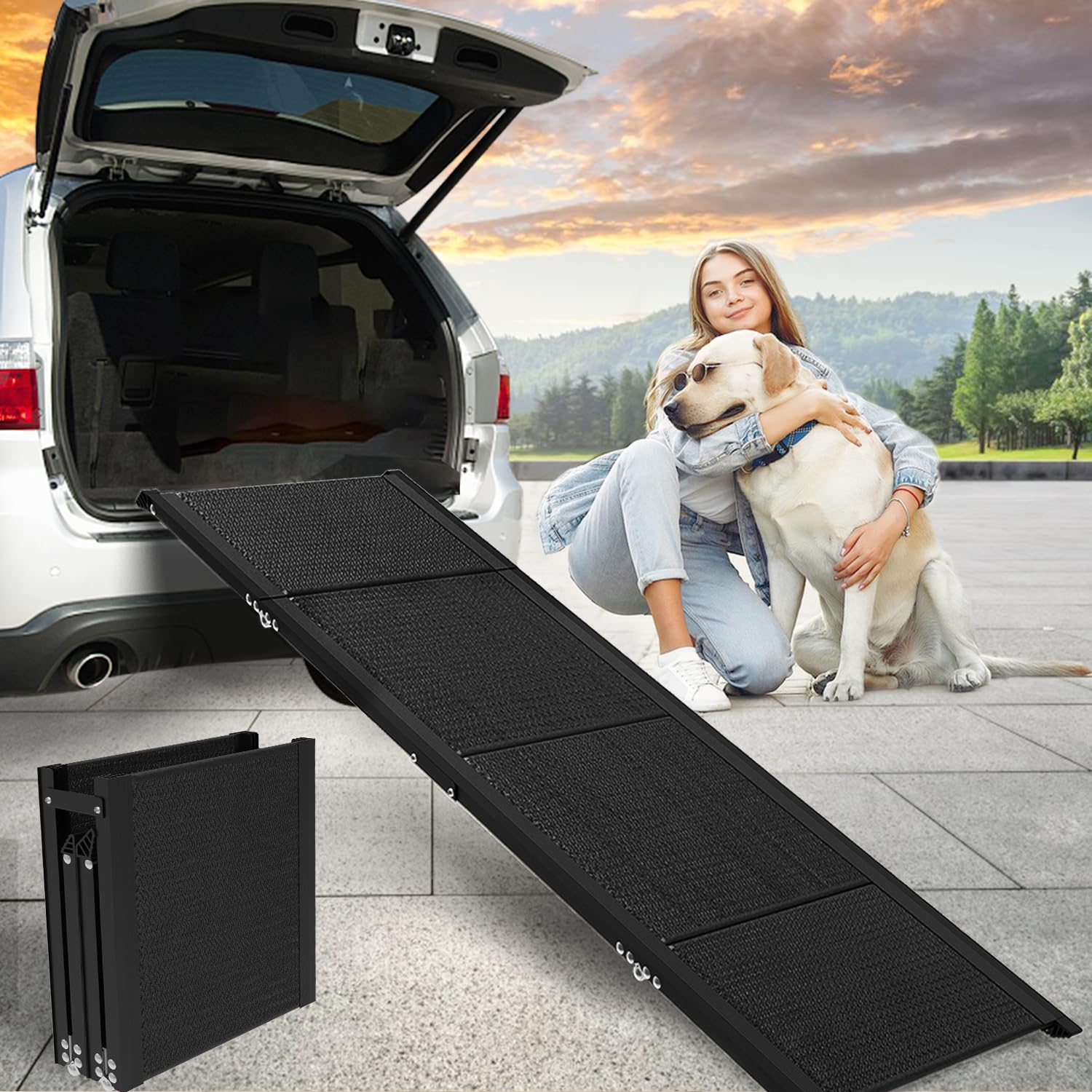Foldable Aluminum Dog Ramp for Large Dogs - Non-Slip Pet Steps with 200 lbs Capacity (71