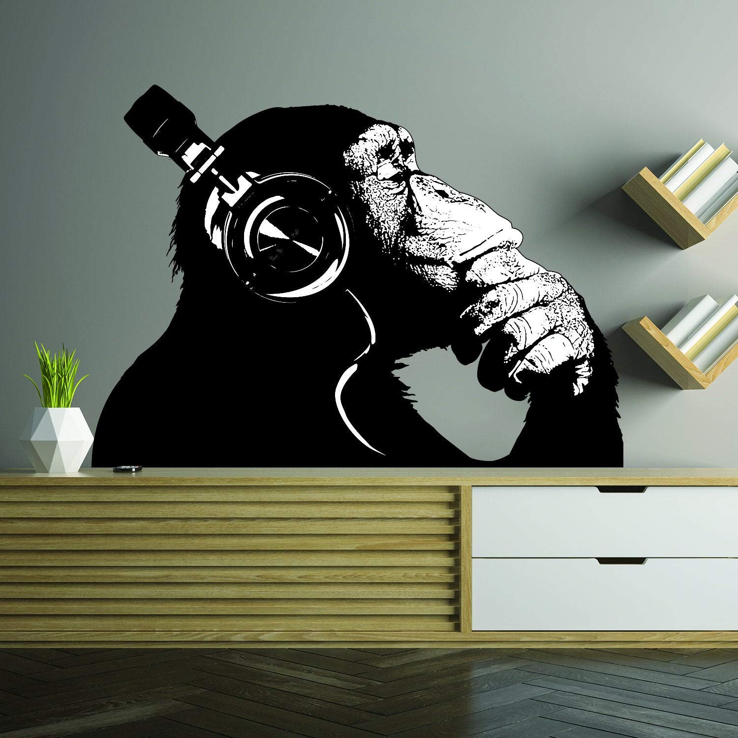 Banksy DJ Chimp Wall Art Sticker - The Thinker Gorilla with Headphones Graffiti Decal - Urban Street Art Mural Print for Home & Office Decor - Perfect for Bedroom, Living Room & Music Studio
