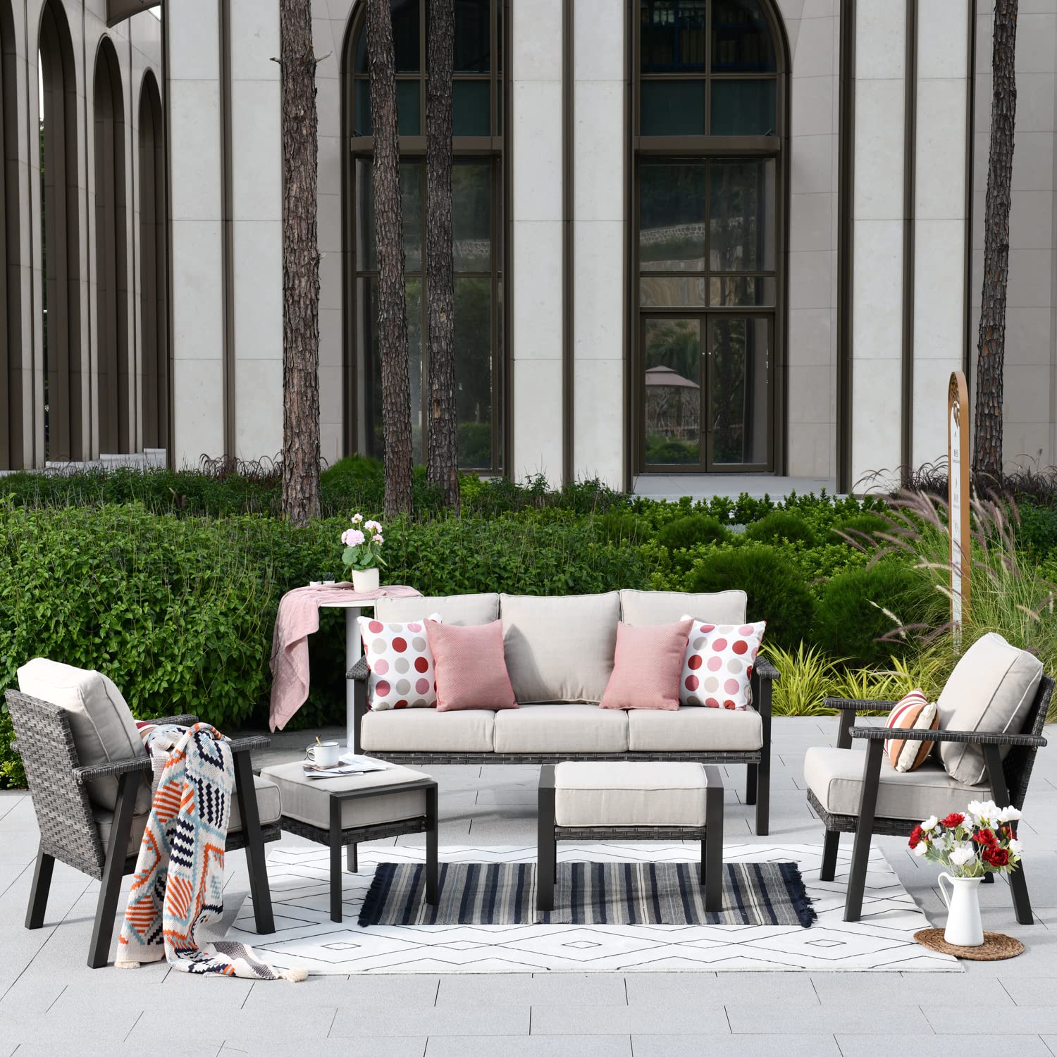 Ovios 5-Piece Outdoor Patio Furniture Set - All-Weather Wicker Rattan Sofa with Ottomans & High Back Design, Beige Cushioned Conversation Set for Backyard, Garden or Poolside Relaxation