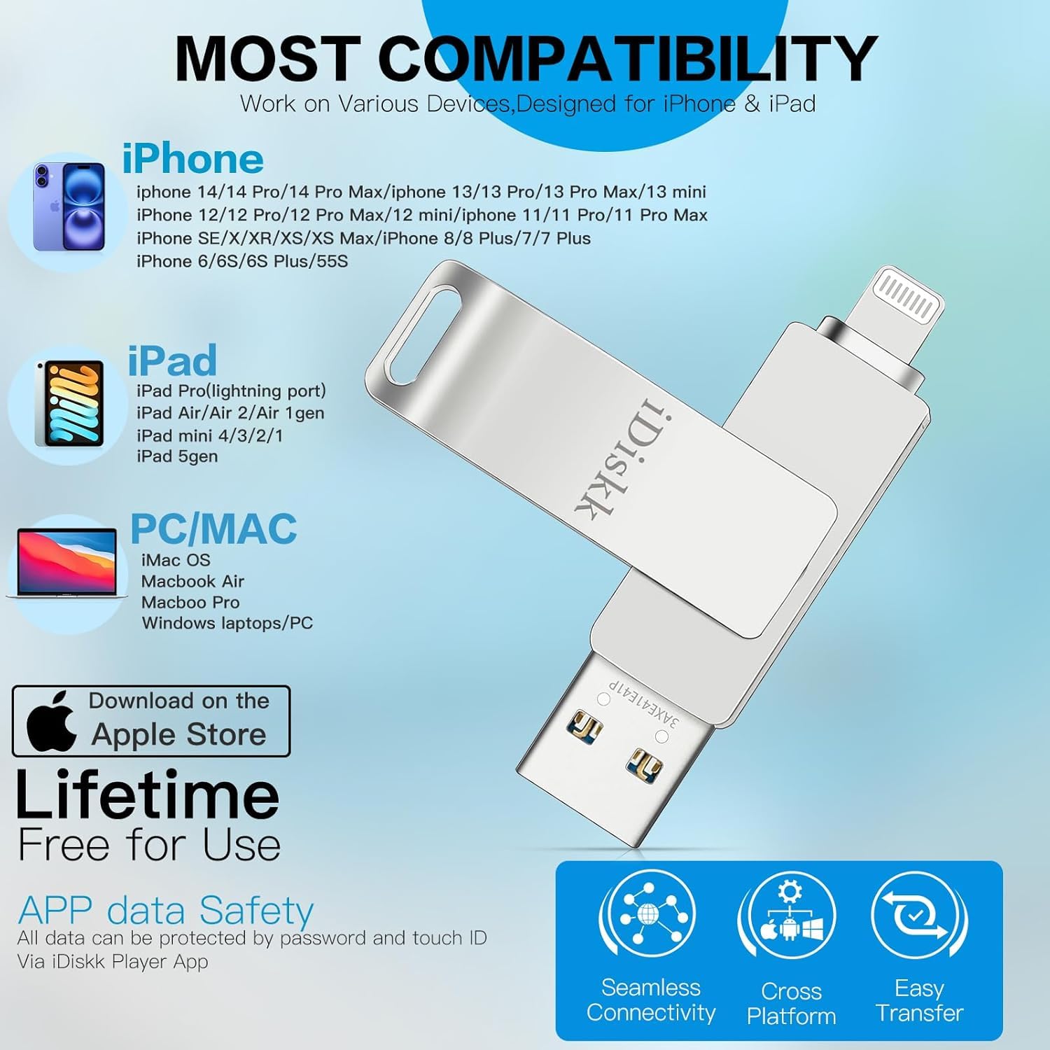 Apple Certified 1TB iDiskk Photo Storage Flash Drive for iPhone 14/13/12/11 Pro/Plus/Pro Max, iPad & MacBook - Lightning & USB External Memory Stick for Photos, Videos, Files - Perfect for Travel, Backup & Extra Storage