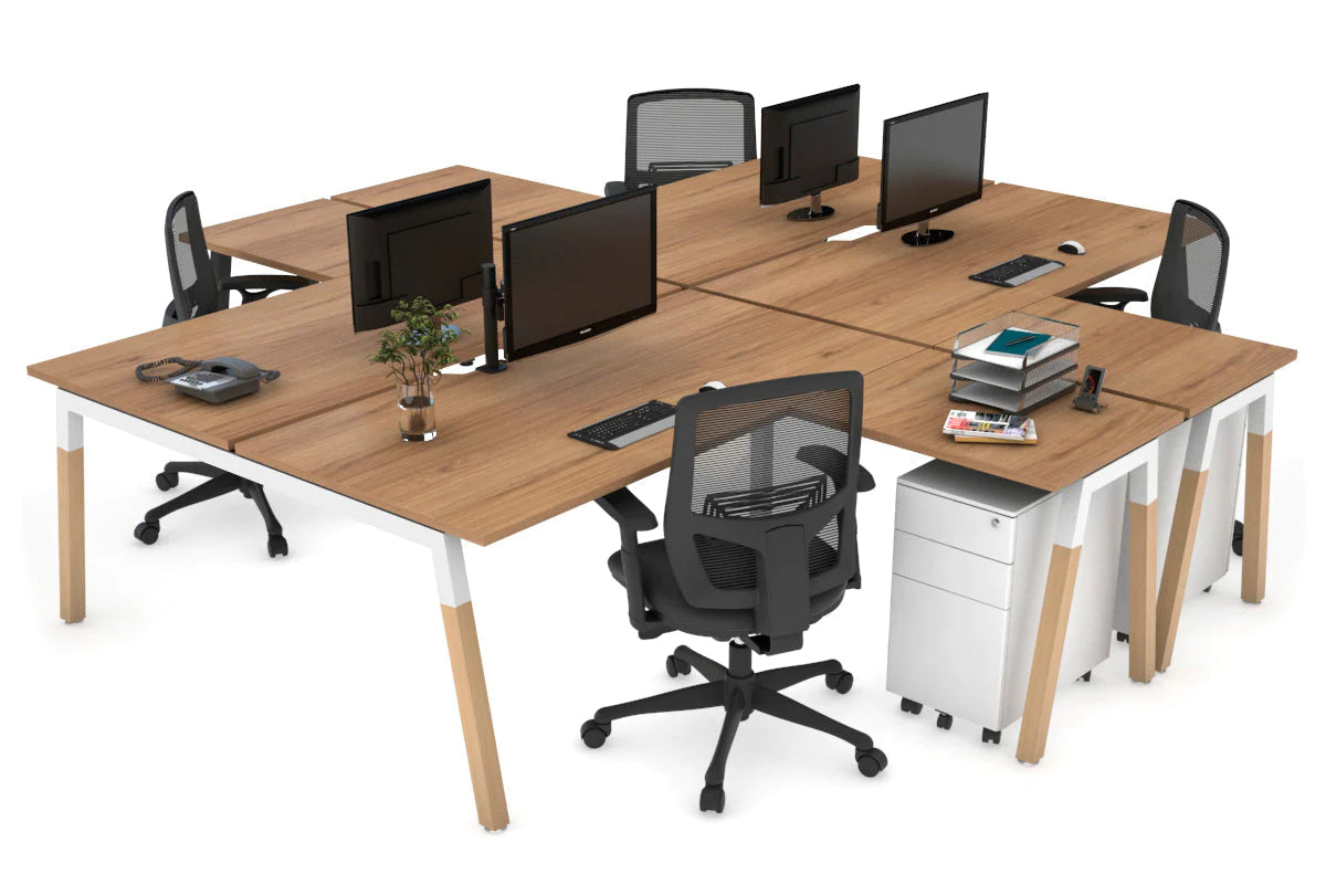 Quadro Wood A Legs Cross Beam 4-Person Corner Workstation Desk - 1600L x 1800W with Cable Management Scallop - Perfect for Office, Home Workspace & Collaborative Environments