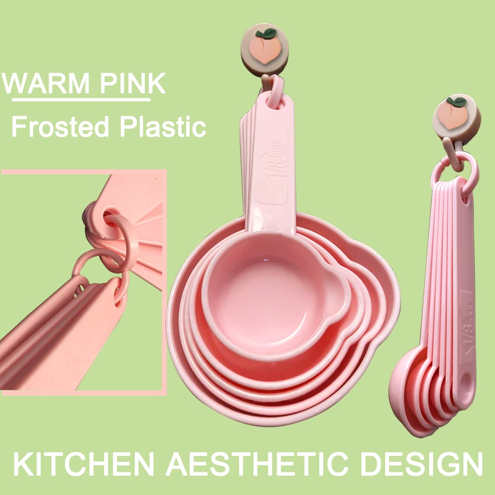 11-Piece Plastic Measuring Cups and Spoons Set with Kitchen Hooks - Nordic Color (Pink) for Baking, Cooking & Meal Prep