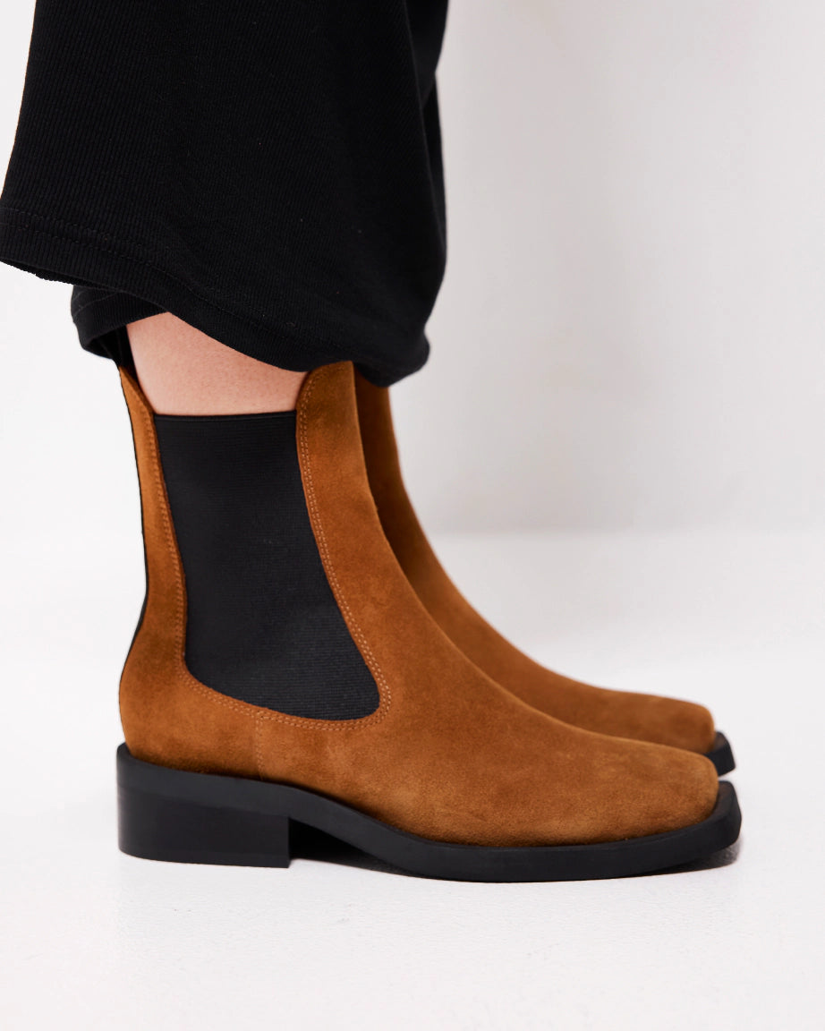 Stylish Coffee Suede Square Toe Chelsea Boots for Women - Comfortable Ankle Boots for Fall & Winter Fashion | Perfect for Office, Dating & Casual Outfits
