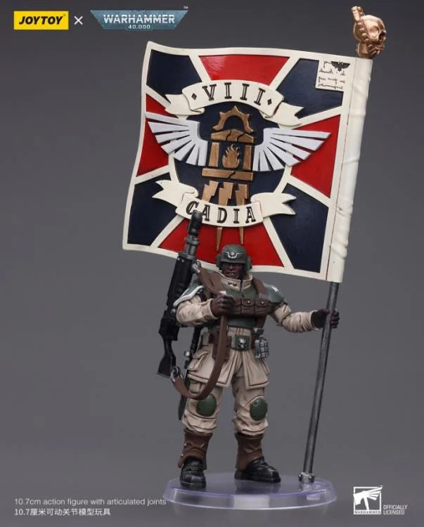 JOYTOY Warhammer 40K Astra Militarum Cadian Command Squad Veteran with Regimental Standard - Premium 28mm Scale Miniature for Tabletop Wargaming & Collectors