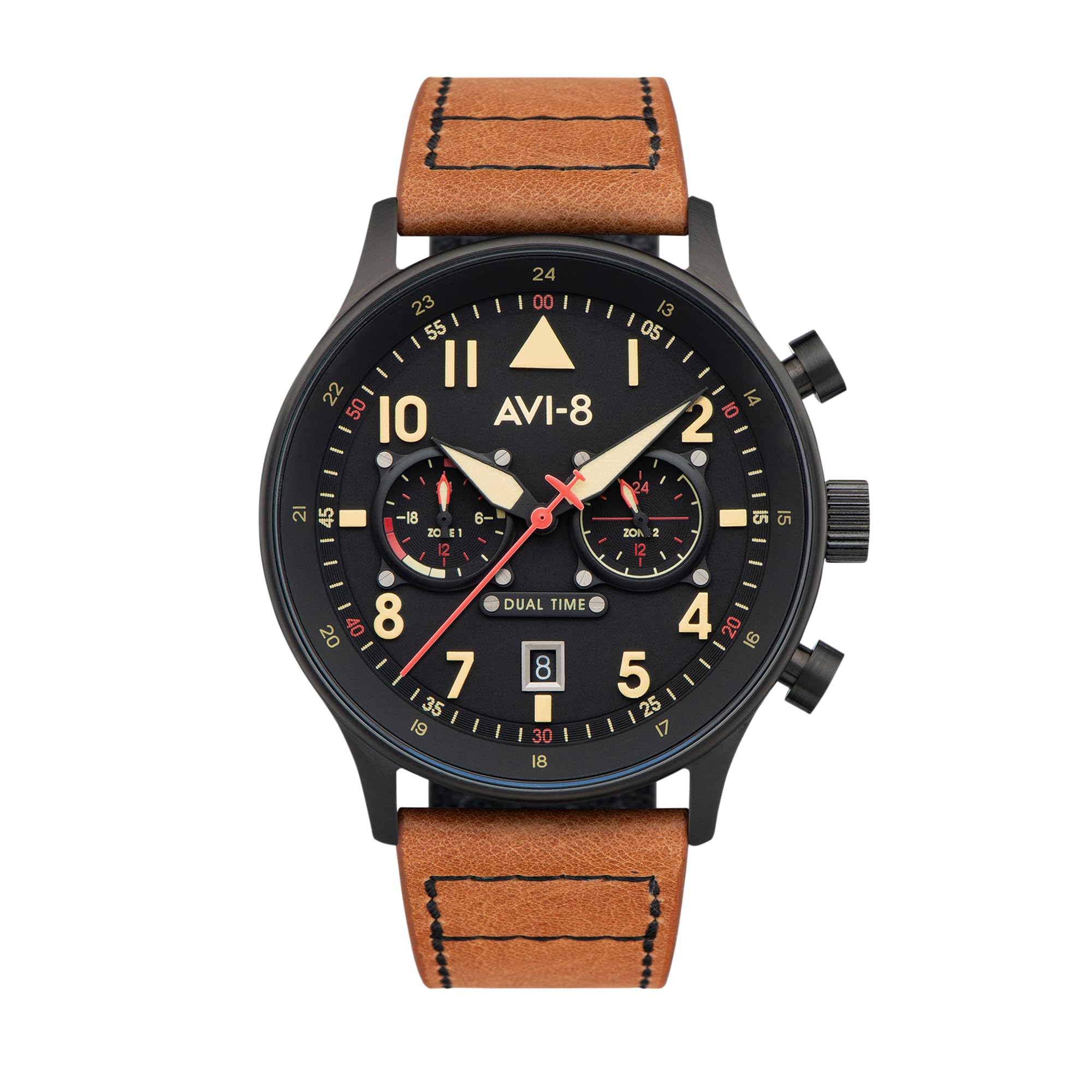 AVI-8 Men's 43.5mm Hawker Hurricane Carey Dual Time Japanese Quartz Pilot Watch with Leather or Stainless Steel Strap AV-4088 - Perfect for Aviation Enthusiasts, Business Travel & Everyday Wear