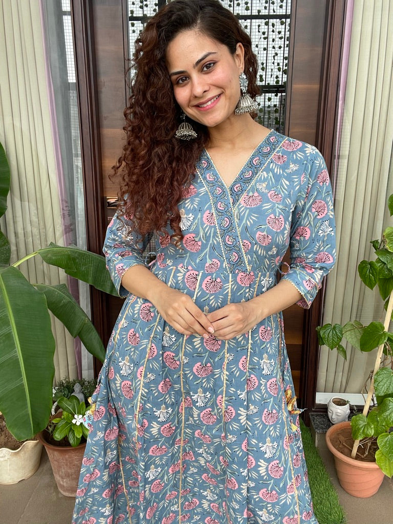 Blue Block Print Maxi Dress for Women - Bohemian Floral Long Dress - Perfect for Beach Vacations, Summer Parties & Casual Outings