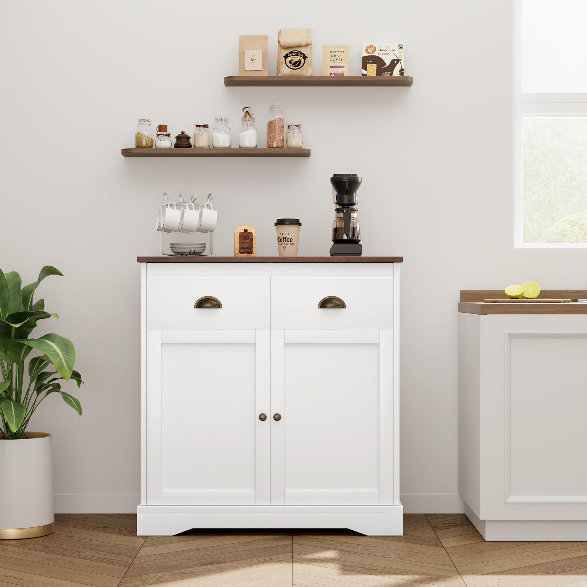Modern Farmhouse Coffee Bar Cabinet - White Kitchen Buffet with 2 Drawers & Adjustable Shelf, Double Door Storage for Dining Room or Home Office | Perfect for Coffee Station, Bar Cart, or Kitchen Organization