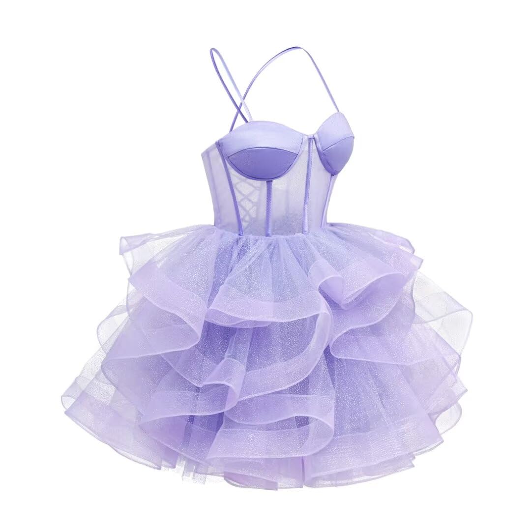Sparkly Glitter Tulle Homecoming Dress with Layered Ruffles - Short Prom Dress with Spaghetti Straps - Teen Cocktail Party Mini Dress for Dances, Parties & Special Occasions - Style RO077