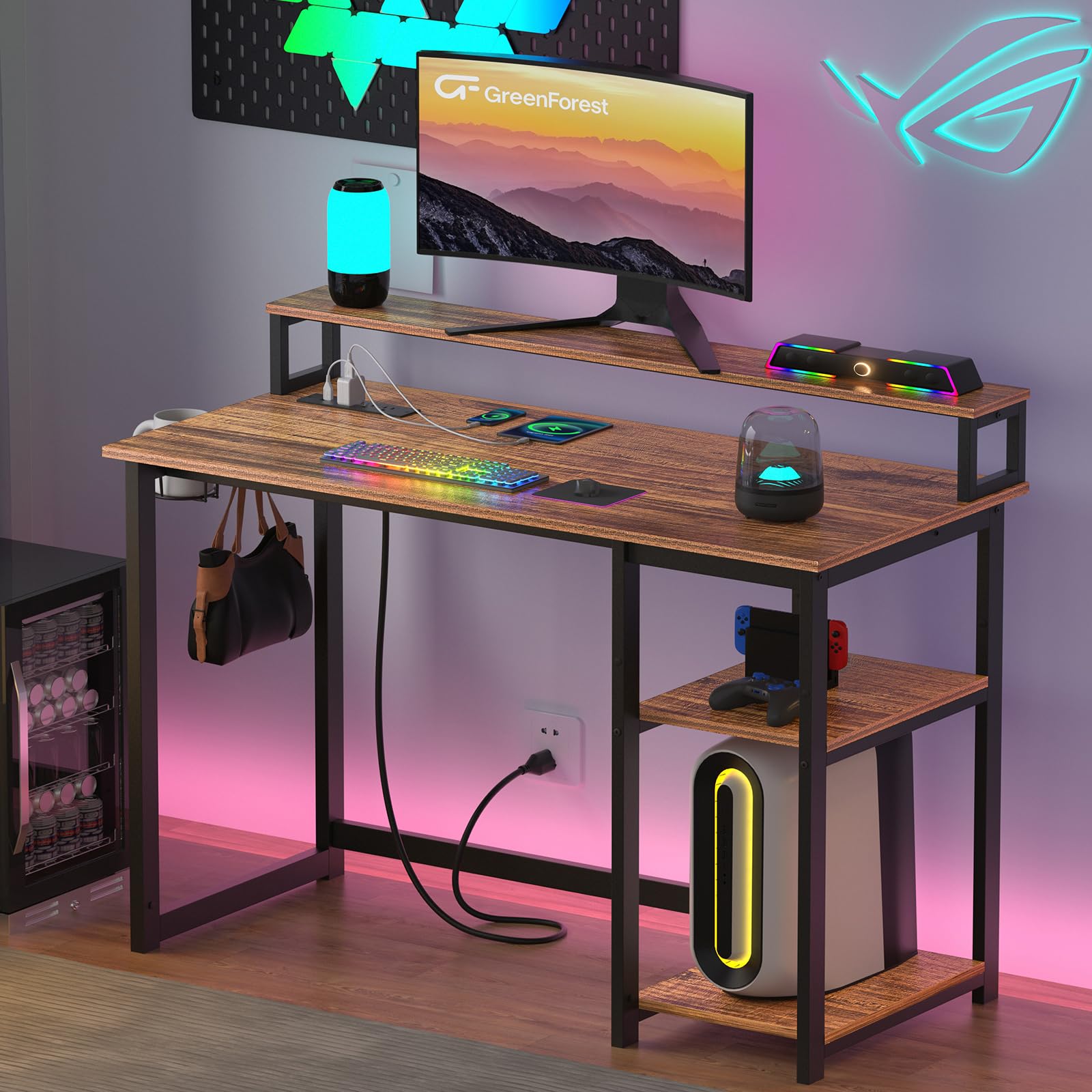 GreenForest 47 inch Computer Desk with Power Outlets - Ergonomic Home Office Desk with Monitor Stand, Reversible Gaming & Study Desk in Walnut Finish - Perfect for Small Spaces, Remote Work & Gaming Setups