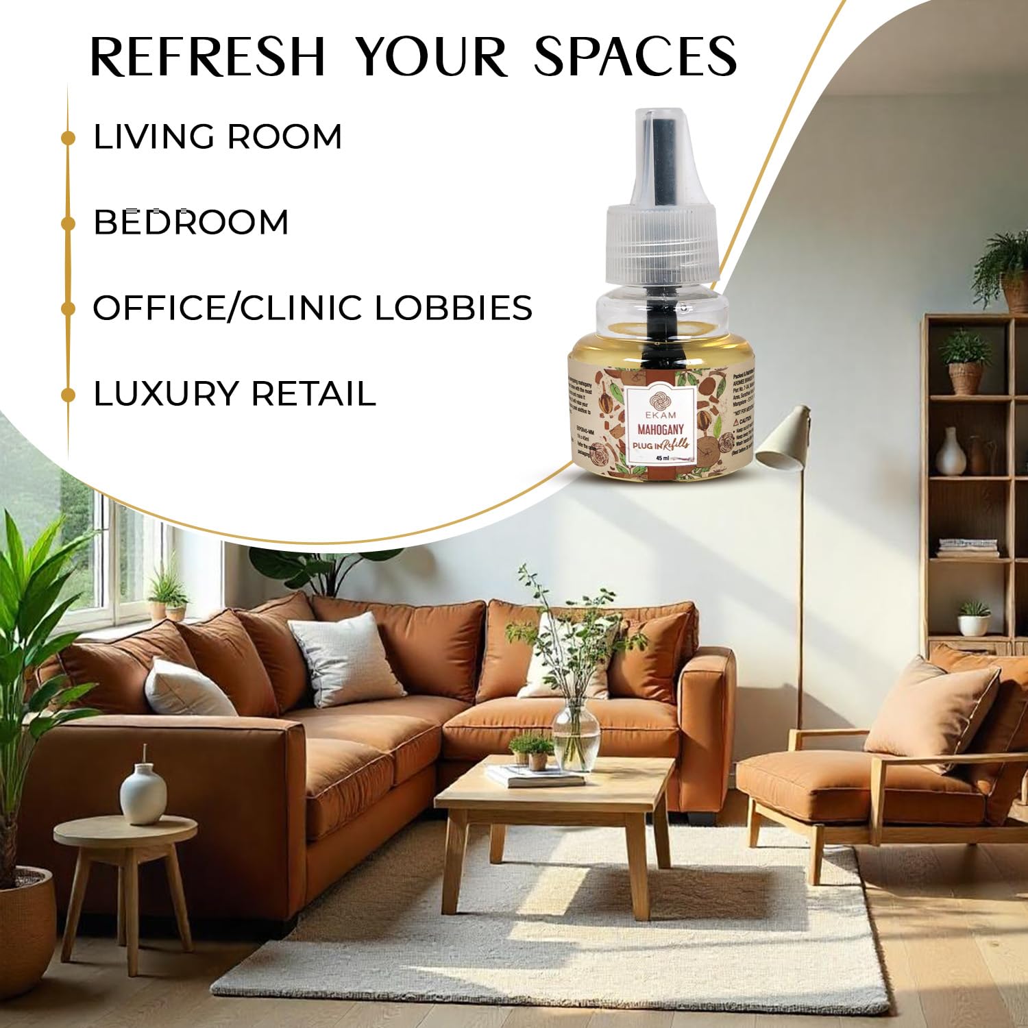 EKAM Plug In Air Freshener Refill - 45ml Mahogany Scent | Long-Lasting 500 Hours Freshness | Hassle-Free Room Odor Eliminator | Perfect for Home, Office, Bedroom, Bathroom & Car | Essential Oil-Based Liquid Air Freshener for Everyday Freshness