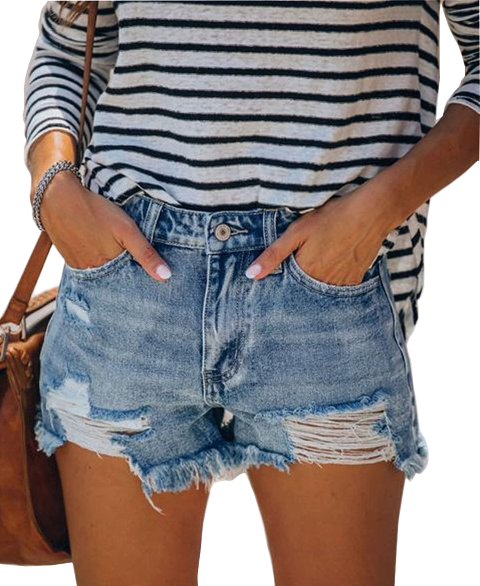 Andongnywell Women's High Waisted Ripped Denim Shorts - Summer Soft Comfortable Stretch Jean Shorts with Button Closure | Perfect for Casual Outfits, Beach Vacations & Street Style Fashion