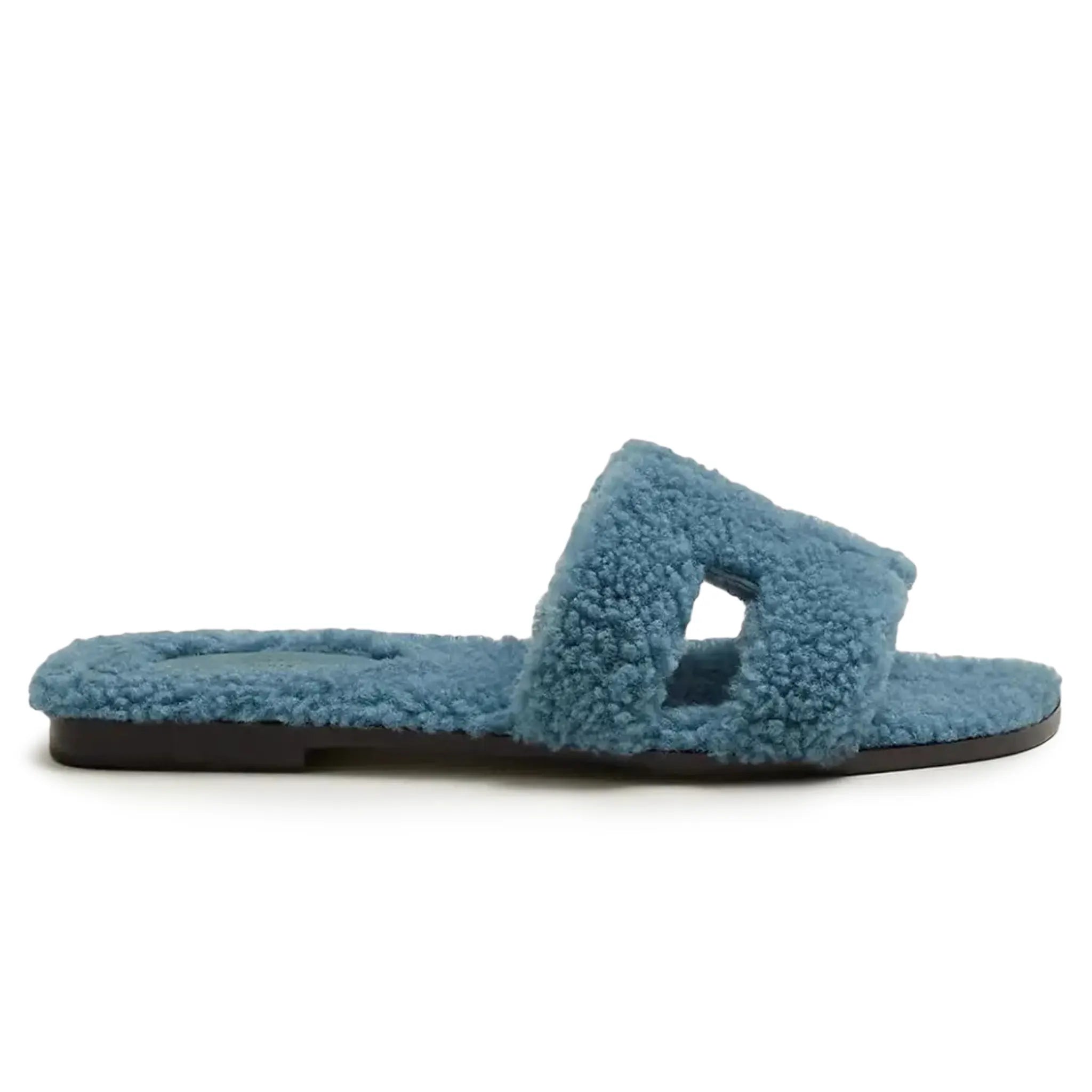 Hermès Paris Oran Blue Shearling Sandals - Women's Luxury Leather Summer Sandals with Shearling Lining for Casual Outings & Beach Vacations