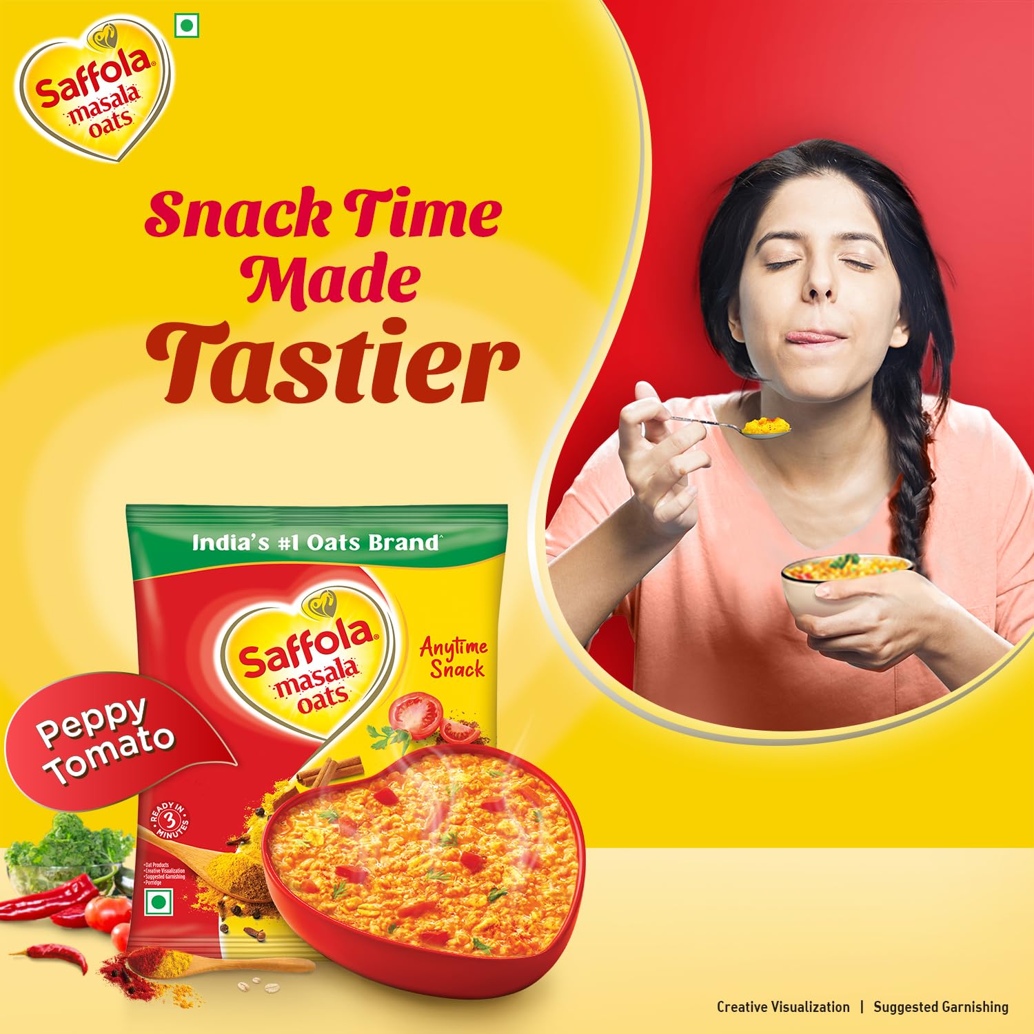 Saffola Peppy Tomato Oats - 40g | Healthy Breakfast Oats | Quick & Nutritious Meal for Busy Mornings, Office Lunch, or Post-Workout Snack