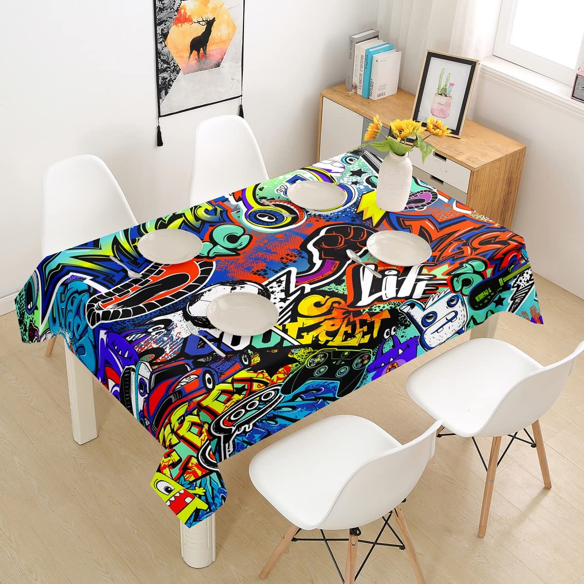 Vintage Rock Music Graffiti Print Waterproof Tablecloth - Wrinkle & Stain Resistant Rectangular Table Cover for Kitchen & Dining Room (55 x 94 Inch) - Perfect for Parties, BBQs & Music-Themed Events