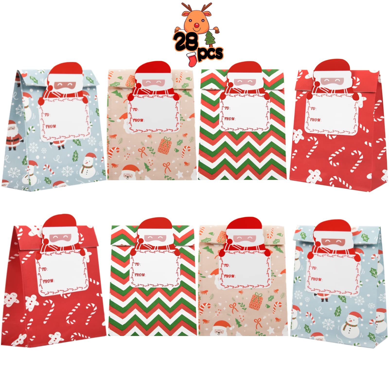 28PCS Christmas Treat Bags - Assorted Holiday Designs Xmas Goodie Bags with Gift Tags for Candy, Snacks & Party Favors | Perfect for Classroom Gifts, Office Parties & Holiday Celebrations