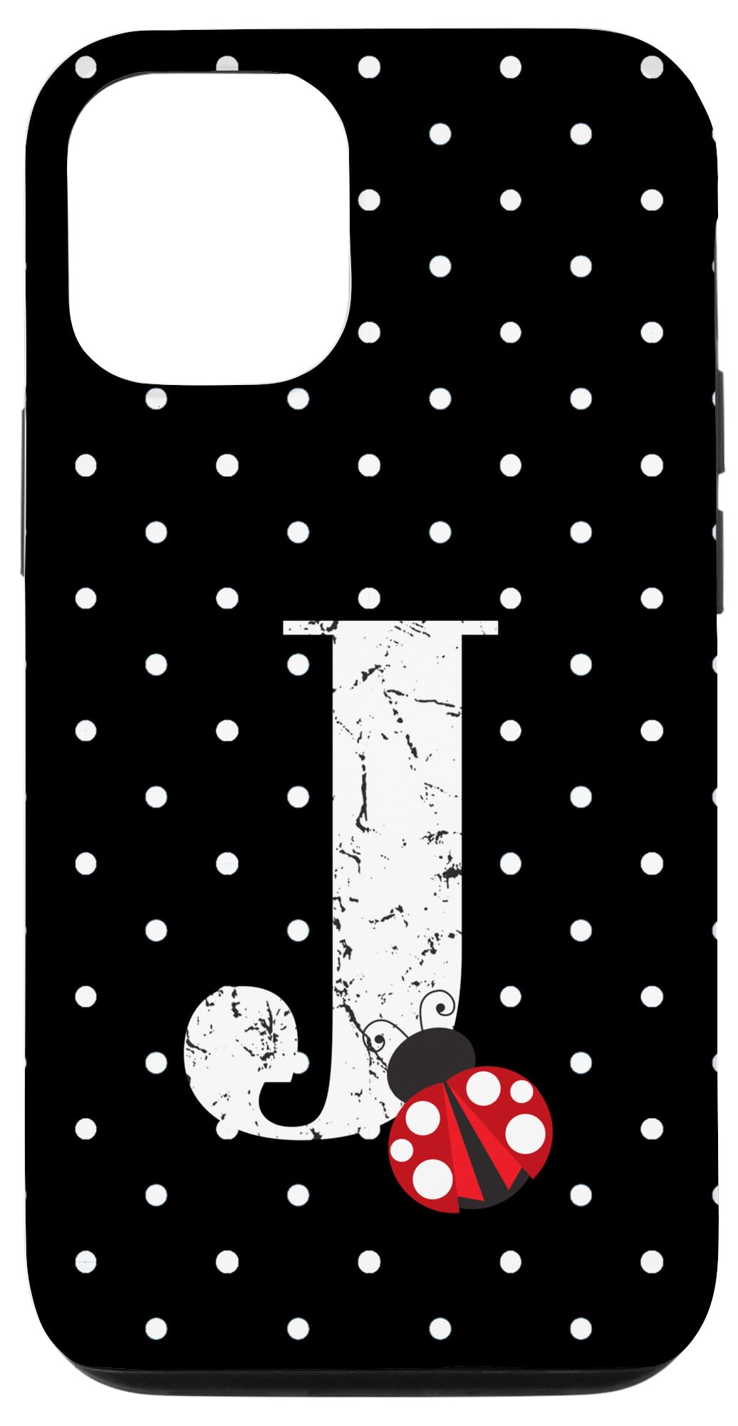 Custom iPhone 12/12 Pro Case - Ladybug Black & White Polka Dot Design with Monogram Letter J | Stylish Protective Cover for Work, Travel & Everyday Use