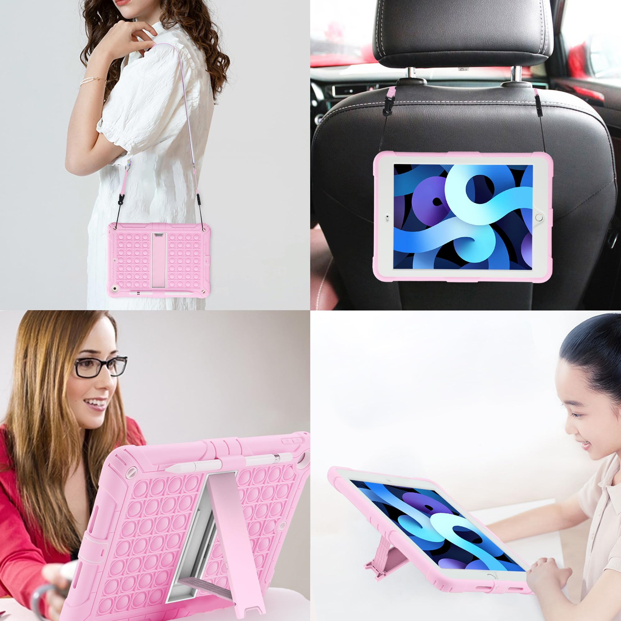 Sensory Fidget Toy Case for iPad 9.7 Inch 5th/6th Generation 2018/2017/Air 1/Air 2/iPad Pro - Shockproof Push Pop Bubble Cover with Pencil Holder, Kickstand & Shoulder Strap (Pink) - Perfect for Stress Relief, Focus & Travel