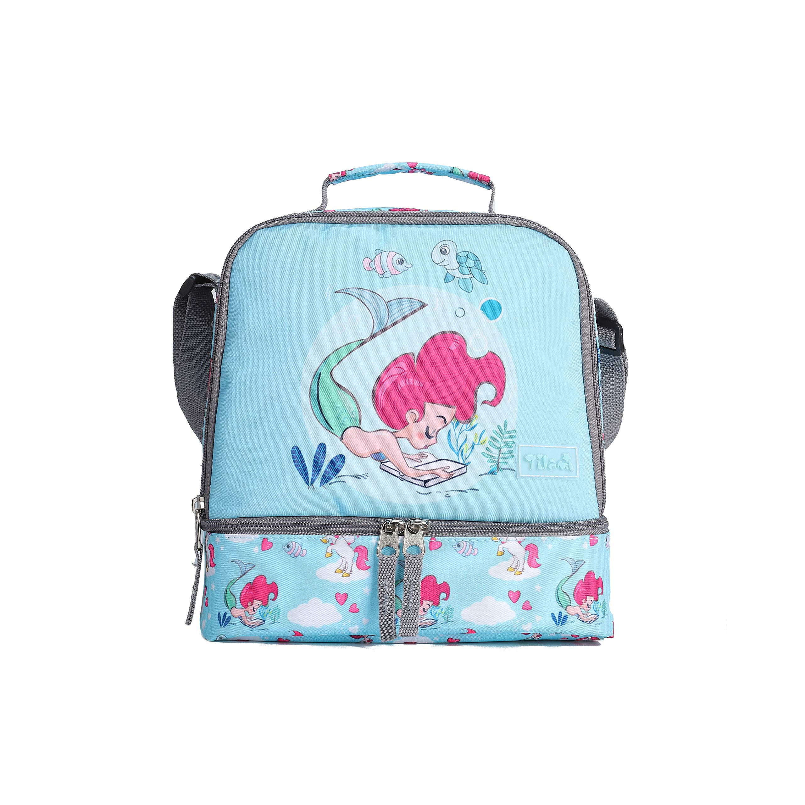 Tilami Insulated Lunch Bags for Kids - Adjustable Strap, 2 Compartments, Zipper Closure, Bento & Cooler Bag for Toddlers (Mermaid Design) - Perfect for School, Picnics & Outdoor Activities