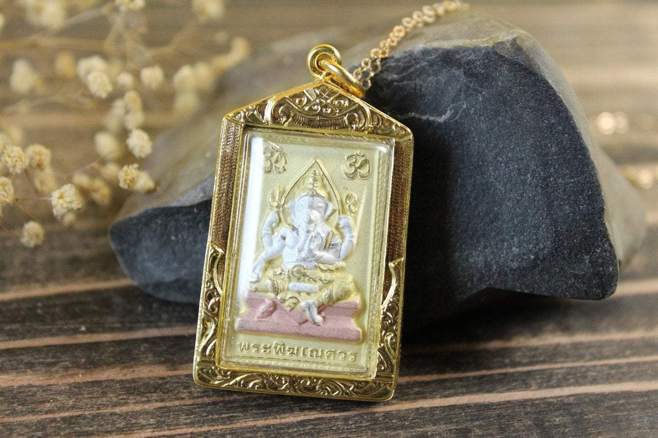 2 Inch Encased Ganesh and Thai Deity Amulet - Hindu Buddhist Protection Charm for Good Luck, Wealth & Success - Perfect for Home Altar, Car Dashboard & Travel Blessings