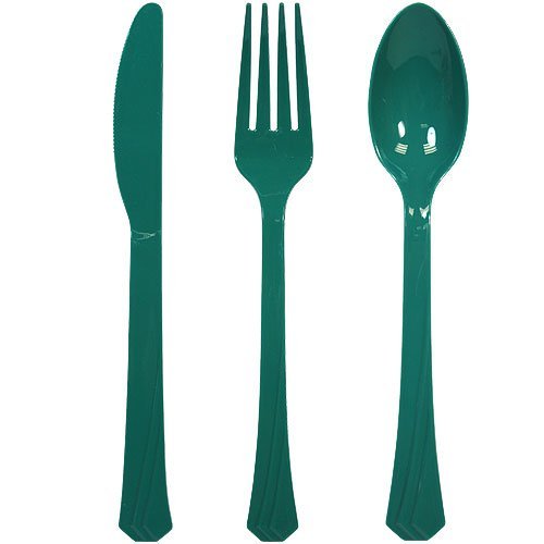 Tiger Chef 72-Pack Heavy Duty Plastic Cutlery Set - 24 Forks, 24 Spoons, 24 Knives in Hunter Green, Lime Green & Gold | Durable Disposable Silverware for Parties, Picnics, BBQs & Catering Events