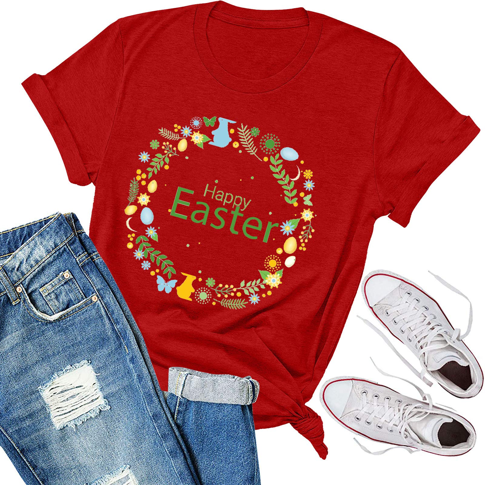 Women's Loose Fit Printed Blouse - Short Sleeve O-Neck T-Shirt for Casual Wear & Easter Outfits | Flowy Fashion Top for Spring & Summer