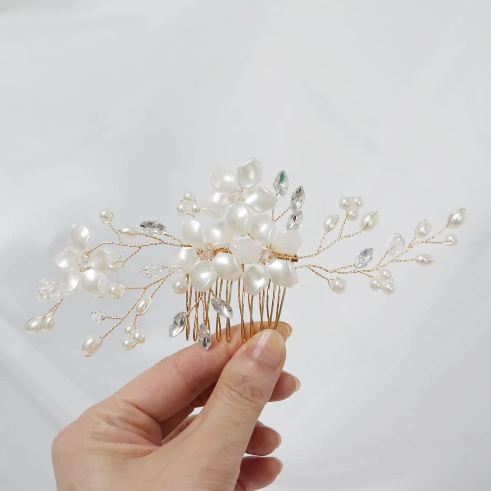 Elegant Pearl Rhinestone Silver Crystal Flower Leaf Vine Hair Comb Clip - Bridal Wedding Hair Accessories for Women & Girls (4flower_gold) | Perfect for Bridal Parties, Prom, Pageants & Special Occasions