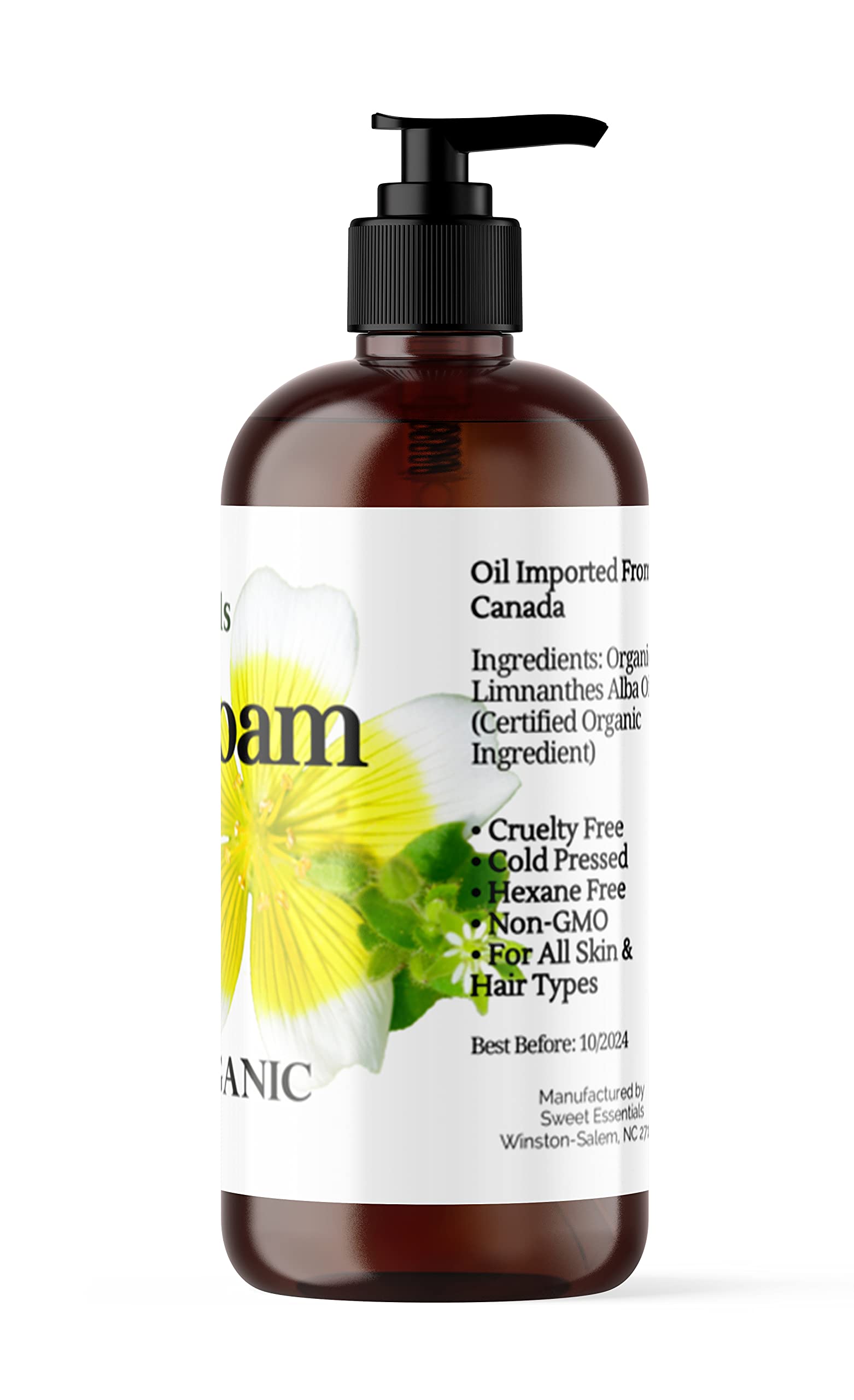 Premium Organic Meadowfoam Seed Oil 16oz - 100% Pure Cold Pressed Carrier Oil for Hair, Skin & Nails | Hydrates & Nourishes Dry Skin | Great for Massage, DIY Beauty & Aromatherapy | Imported from Canada with Pump