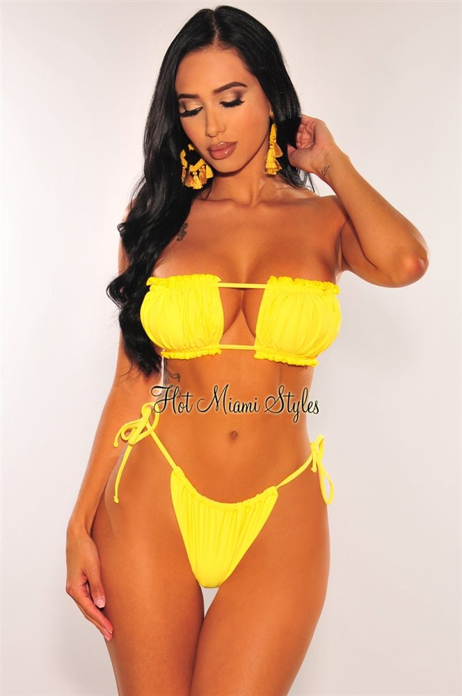 Yellow Ruched Bust Frill Padded Bandeau Bikini Bottom - Sexy High Waisted Swimwear for Women, Summer Beach Vacation, Pool Party & Tropical Getaway