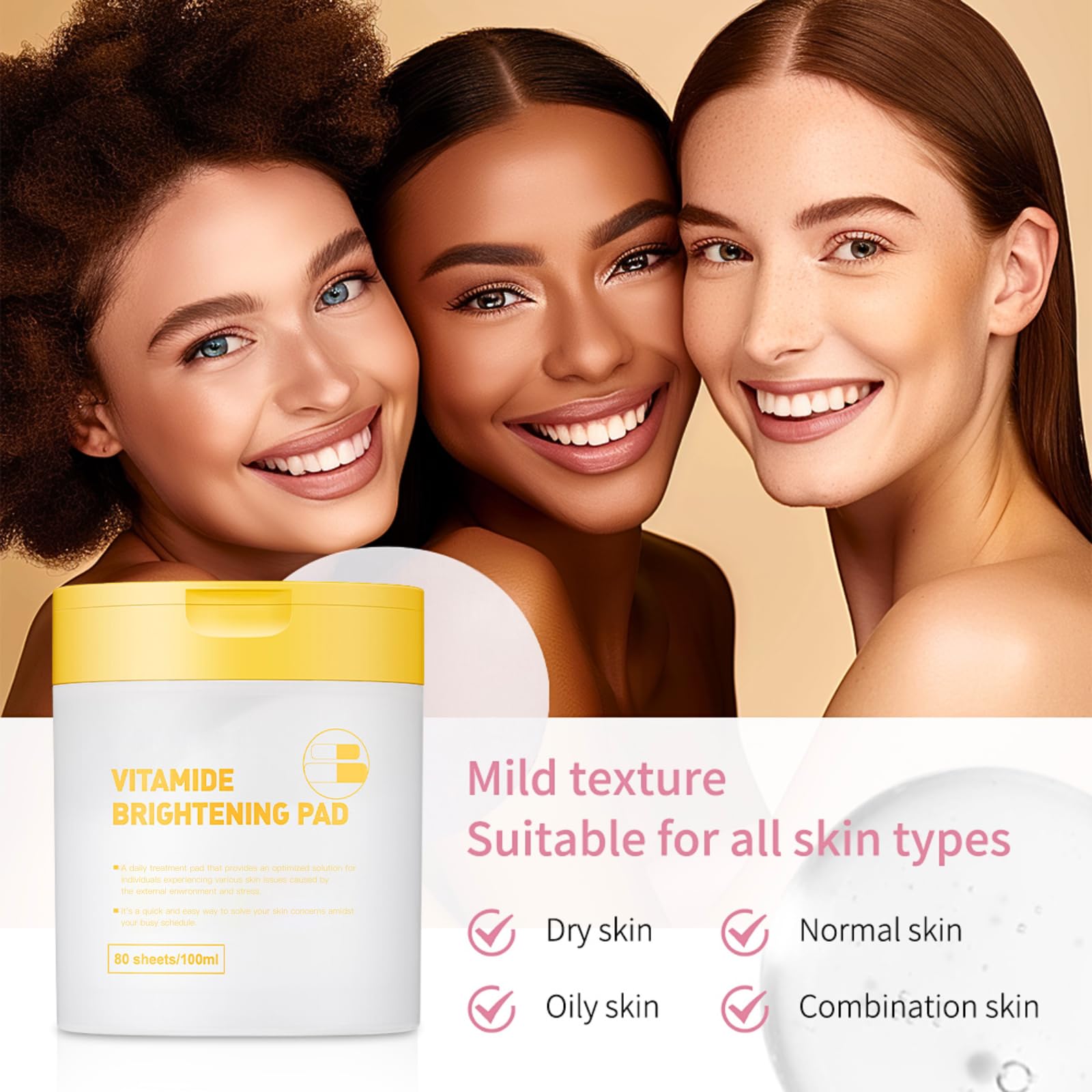 Vitamide Brightening Toner Pads - 80 Count Exfoliating Face Wipes with Niacinamide & Sea Buckthorn for Glowing Skin | Vegan, Hypoallergenic Radiance Boost Pads | Perfect for Morning Routine & Travel Skincare (Orange-Vitamin C Formula)