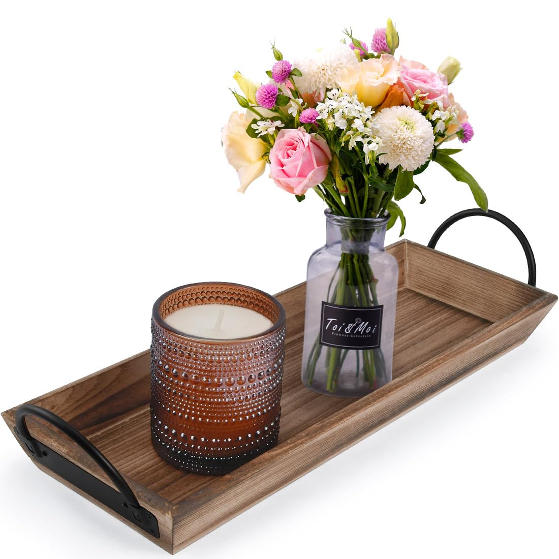 Rustic Rectangle Wood Candle Tray with Black Metal Handles - Farmhouse Style Candle Holder for Displaying Candles, Centerpiece for Dining Table, Mantel, Coffee Table - Perfect for Home Decor, Wedding Decorations, and Cozy Farmhouse Aesthetic
