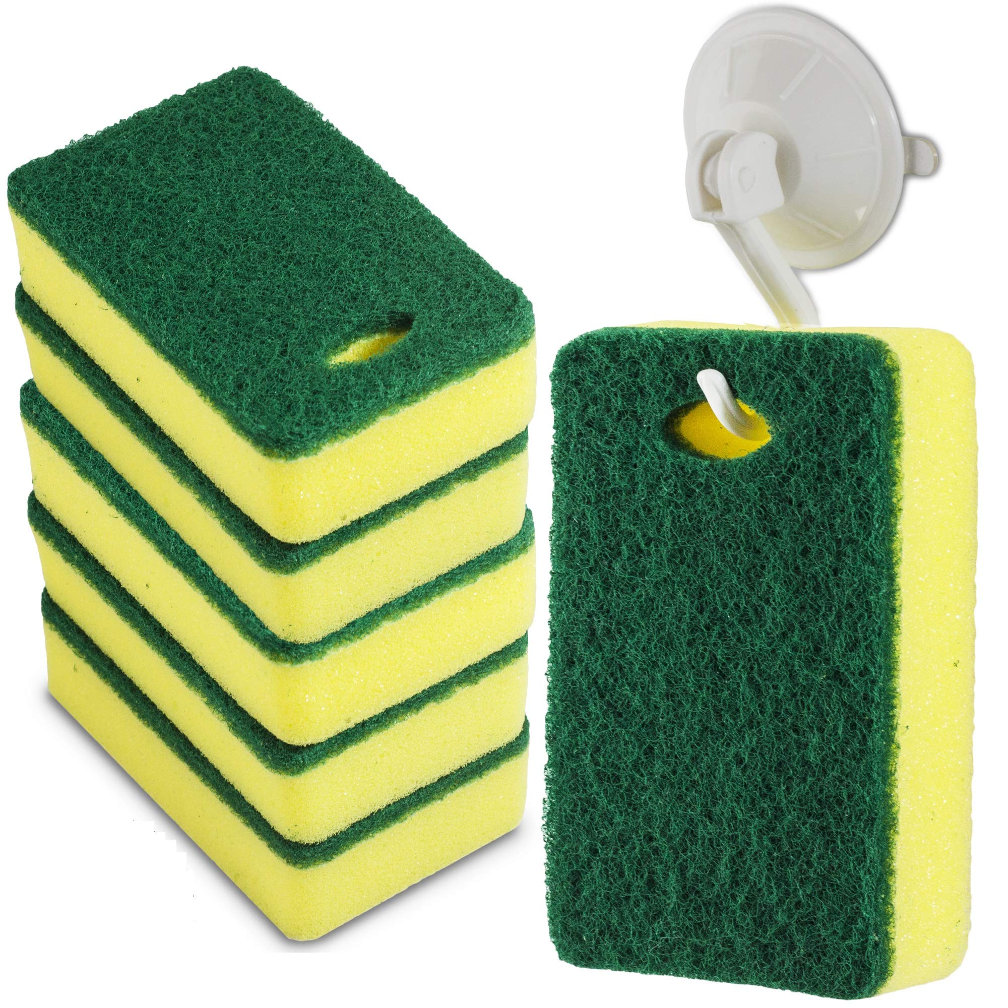 Premium Kitchen Scrub Sponge with Hook Holder – Multipurpose Cleaning Pad & Suction Cup – Durable Dish Scrubber with Hanging Hole – Odorless Drain System (6-Pack) – Perfect for Sinks, Dishes, and Countertop Cleaning