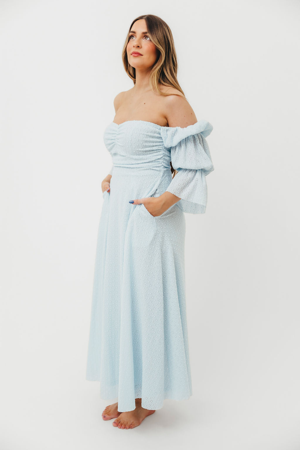 Corrine Tiered Sleeve Maxi Dress with Pockets - Baby Blue Maternity Dress | Bump Friendly & Comfortable for Pregnancy, Nursing, Baby Showers and Special Occasions