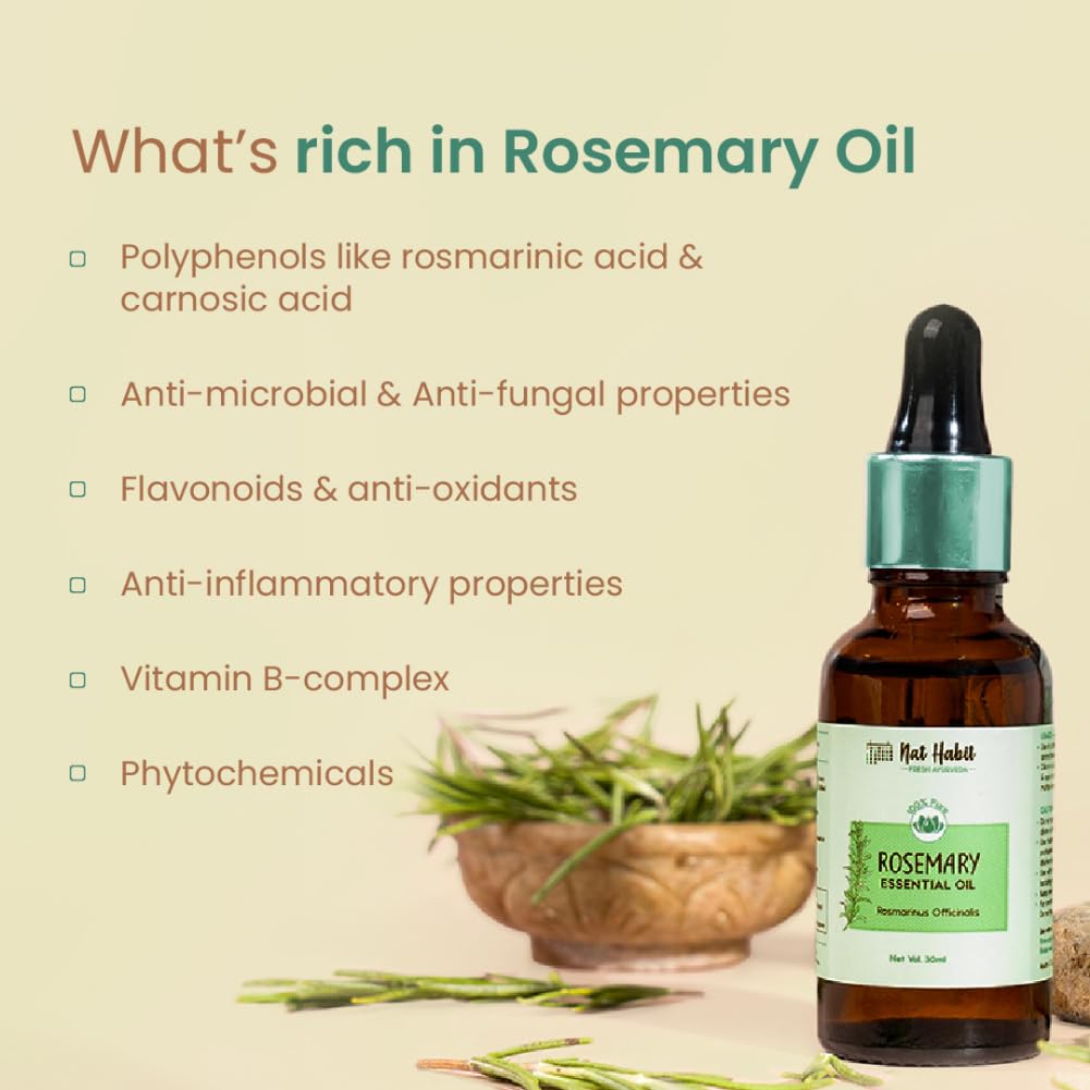 Nat Habit 100% Pure Rosemary Essential Oil - 15ml for Aromatherapy, Hair Growth & Relaxation - Perfect for Diffusers, Massage & DIY Skincare