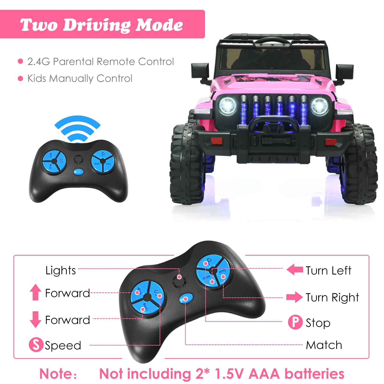 OLAKIDS 12V Electric Ride On Truck for Kids - Remote Control Battery Powered Toddler Car with Music, Horn, 3 Speed Settings, LED Lights & Bluetooth - Pink Kids Toy Truck for Indoor/Outdoor Play, Birthday Gifts & Backyard Fun