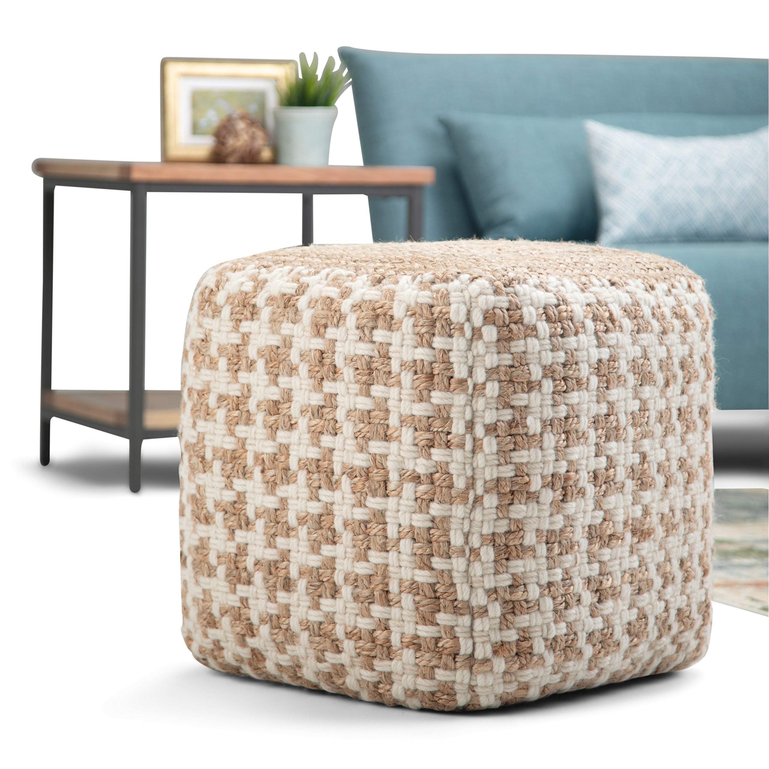 SIMPLIHOME Cullen 18 Inch Boho Cube Pouf - Natural Woven Wool & Jute Ottoman - Stylish Footrest & Seating for Living Room, Bedroom, Nursery & Dorm Decor - Perfect for Relaxing, Reading & Extra Guest Seating