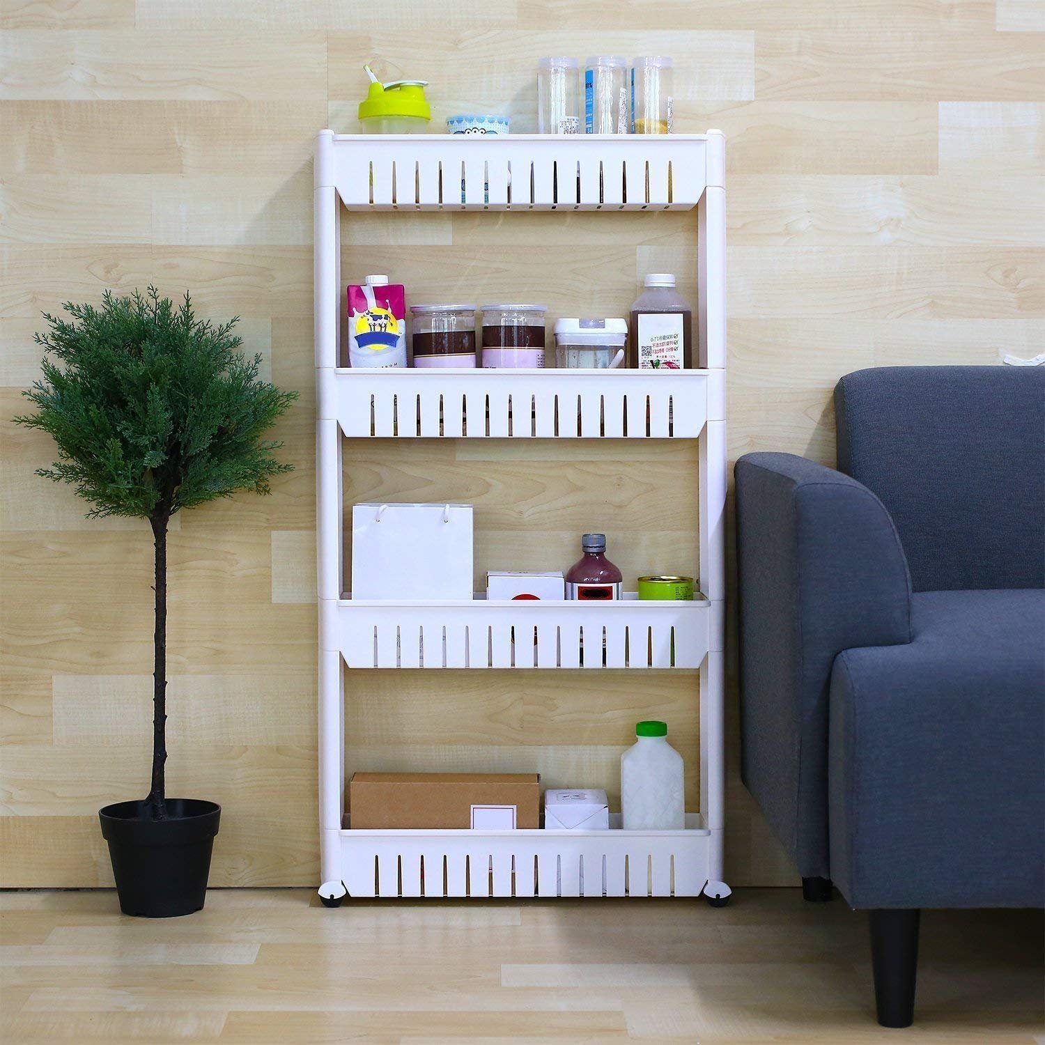 4-Tier Slim Plastic Storage Organizer with Wheels - White | Space-Saving Shelf for Bathroom, Kitchen, or Closet Organization | Ebee Home Storage Solution