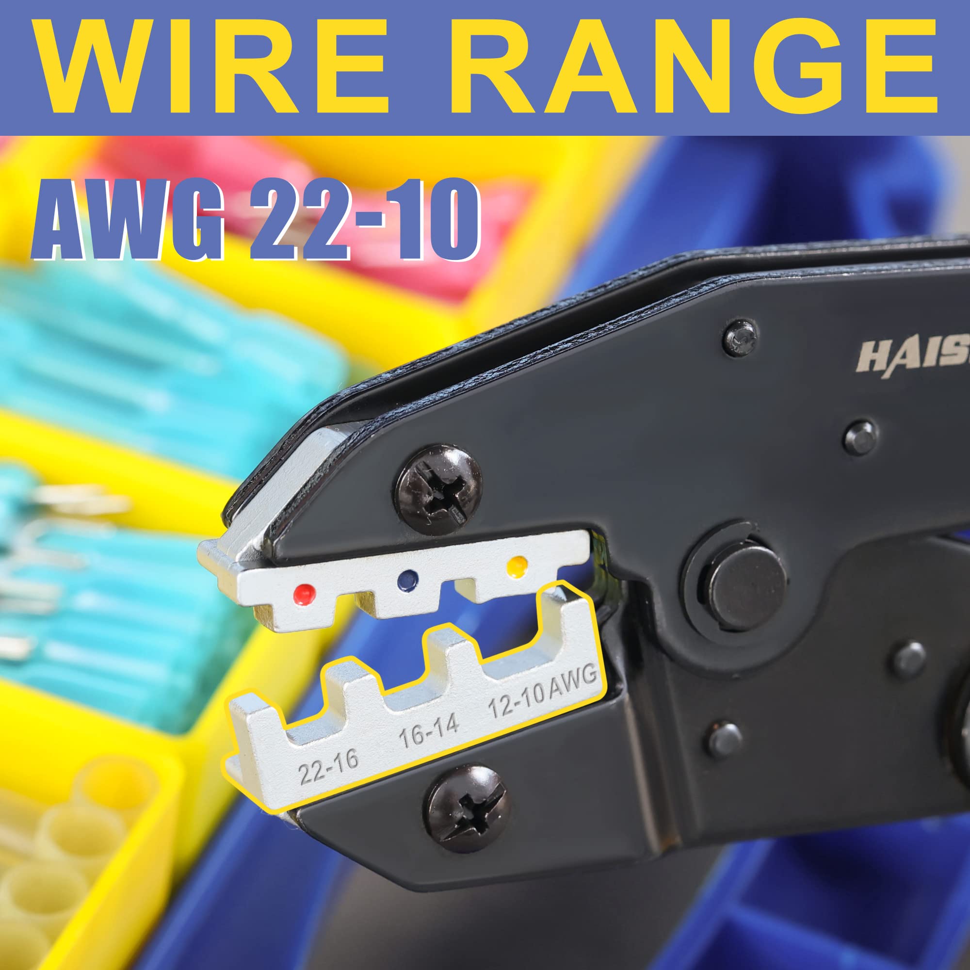 Haisstronica Ratcheting Crimping Tool for Heat Shrink Connectors - AWG 22-10 Wire Terminal Crimper - Professional Electrical Crimper for Insulated Nylon & Electrical Wire Connectors (HS-8327) - Perfect for Automotive Wiring, Marine Applications & DIY Electrical Projects