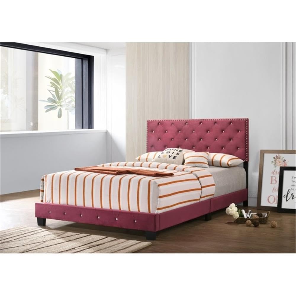 Glory Furniture Suffolk Velvet Upholstered Queen Bed Frame in Cherry Finish - Luxurious Bedroom Furniture for Master Suite & Guest Room