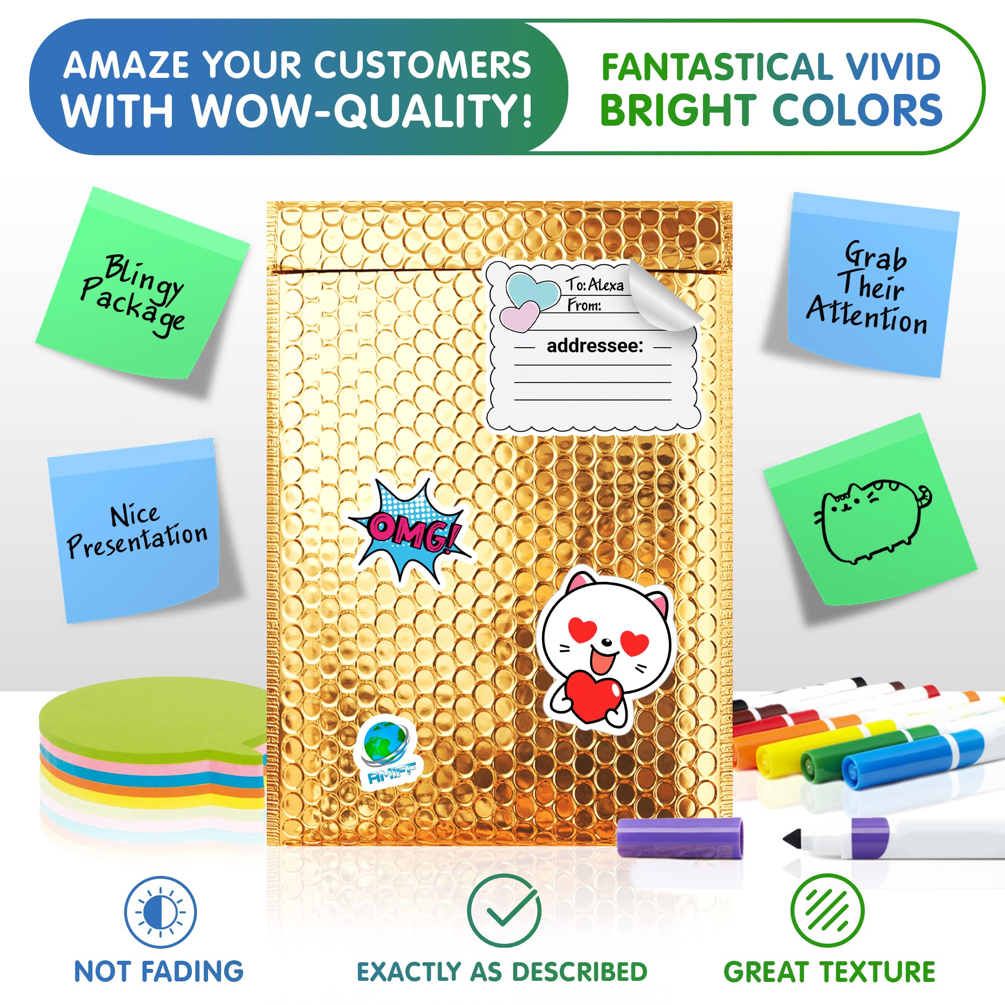 AMIFF Gold Metallic Bubble Mailers 8.5x13 Inches - Pack of 100 Opaque Self-Seal Foil Shipping Envelopes | Waterproof Poly Mailers for Small Business | Perfect for Ecommerce Shipping, Jewelry Packaging & Gift Wrapping