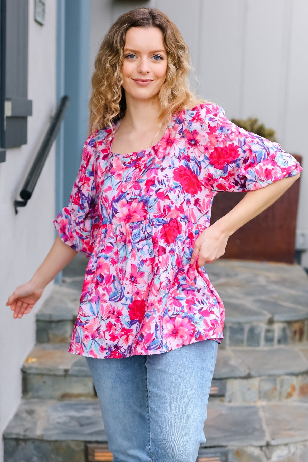Feeling Femmi Pink & Fuchsia Floral Peplum Woven Top for Women - Elegant Blouse for Spring Summer Outfits, Date Night & Office Wear