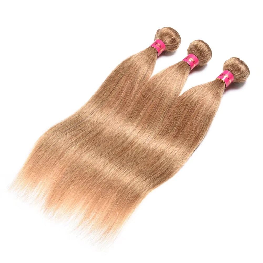 FEEL ME Honey Blonde Brazilian Hair 3 Bundles - Unprocessed Virgin Straight Human Hair Extensions 8A Grade - Color #27 (10 12 14 Inch) - Perfect for Daily Styling, Parties & Special Occasions