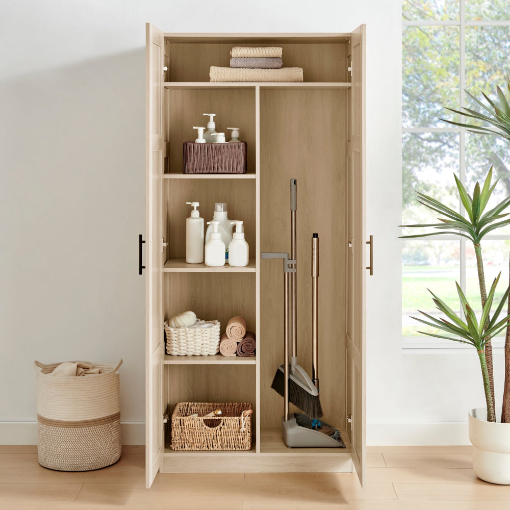 5-Tier Tall Broom Cupboard with 2 Doors - Oak Storage Cabinet for Kitchen, Bathroom & Utility Room Organization