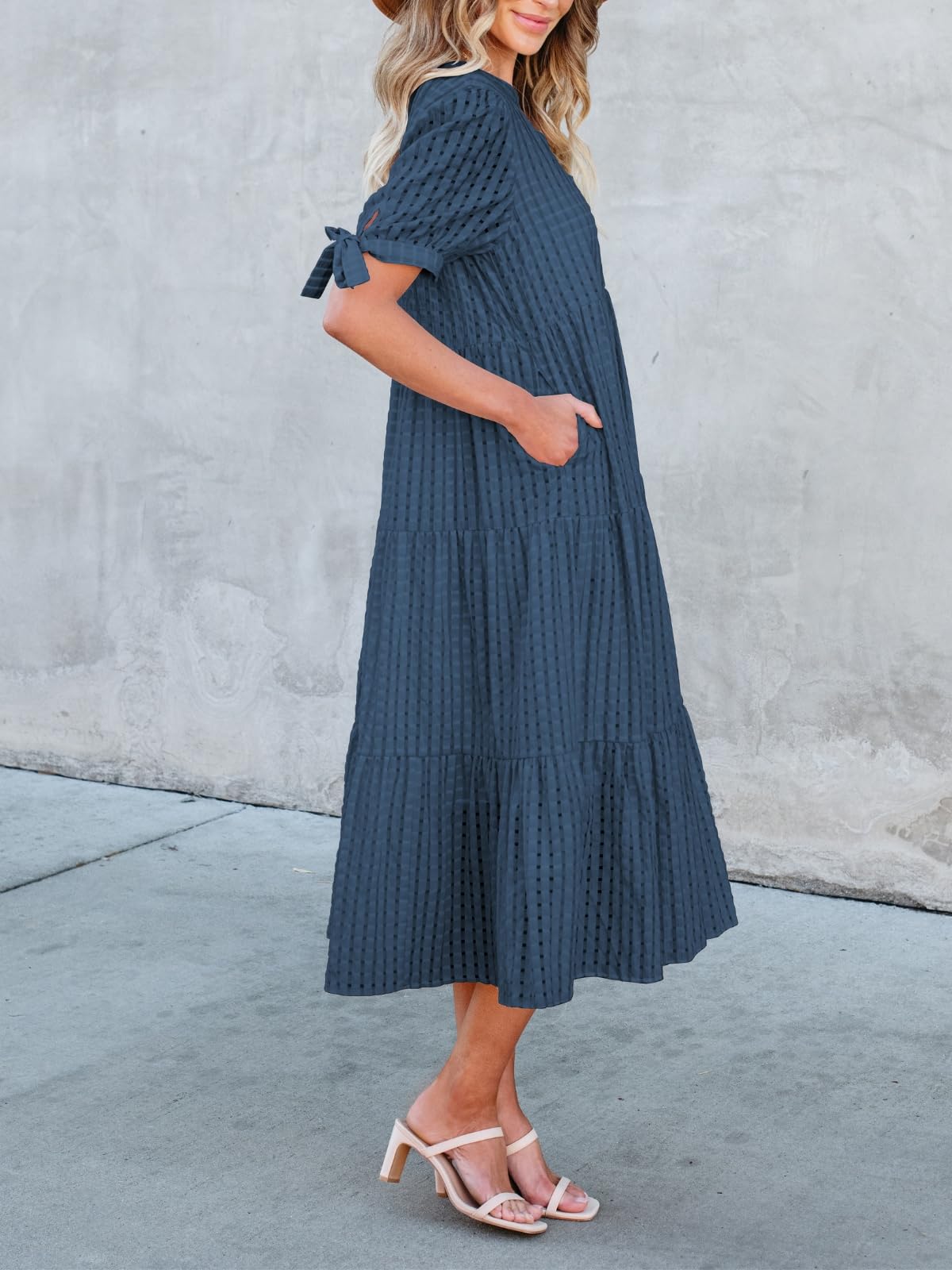 Theenkoln Women's Casual Midi Dress - Short Sleeve V-Neck Empire Waist Gingham Flowy Dress for Spring & Summer | Perfect for Office, Date Night, Brunch & Special Occasions