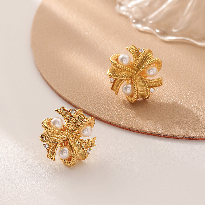 Vintage Metallic Pearl Stud Earrings for Women - DMS217 | Classic Elegant Jewelry Gift for Birthday, Anniversary & Special Occasions