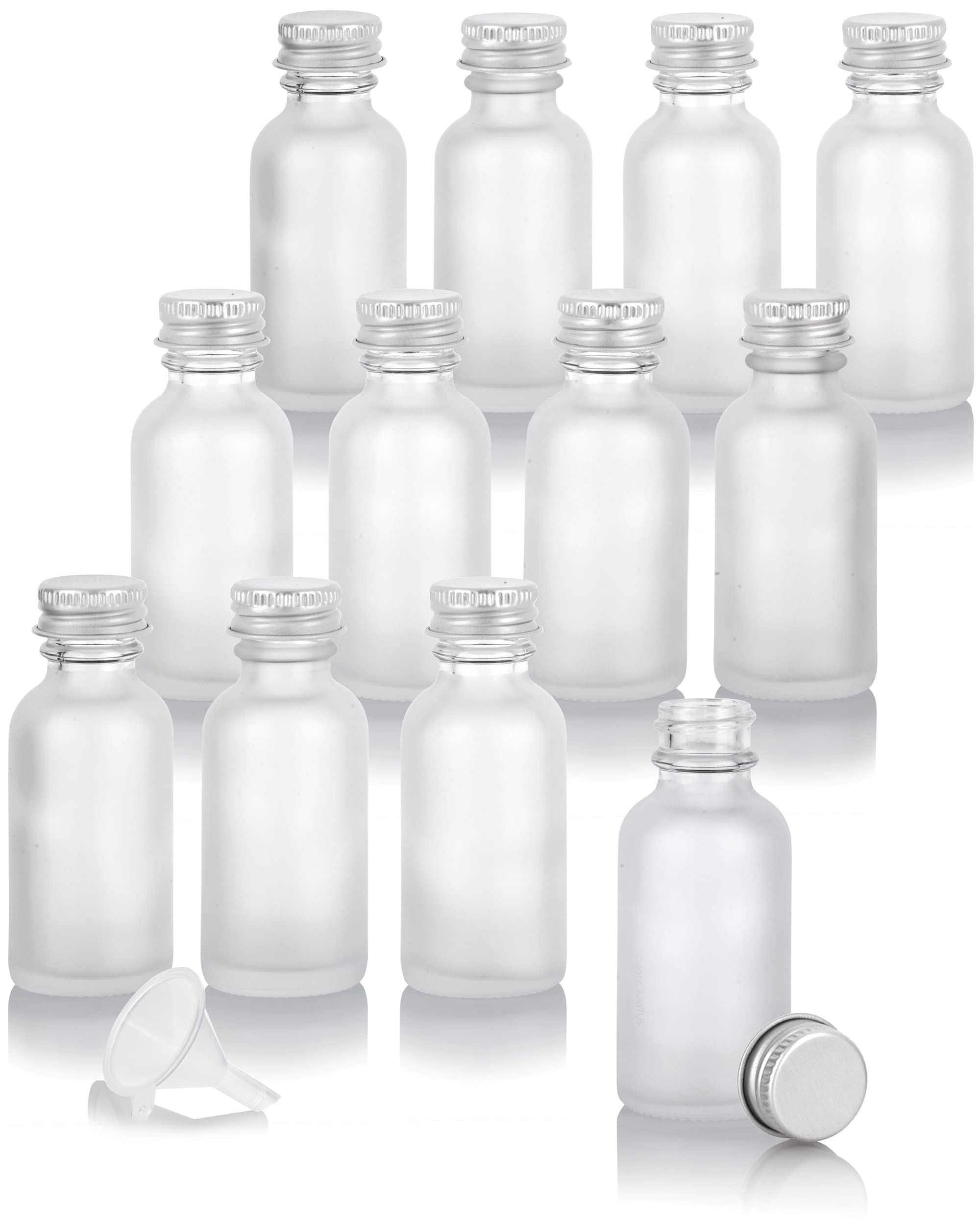 JUVITUS 12 Pack 1 oz Frosted Clear Glass Boston Round Bottles with Silver Screw Caps & Funnel - Essential Oil Bottles, DIY Perfume Containers, Travel-Sized Toiletry Storage